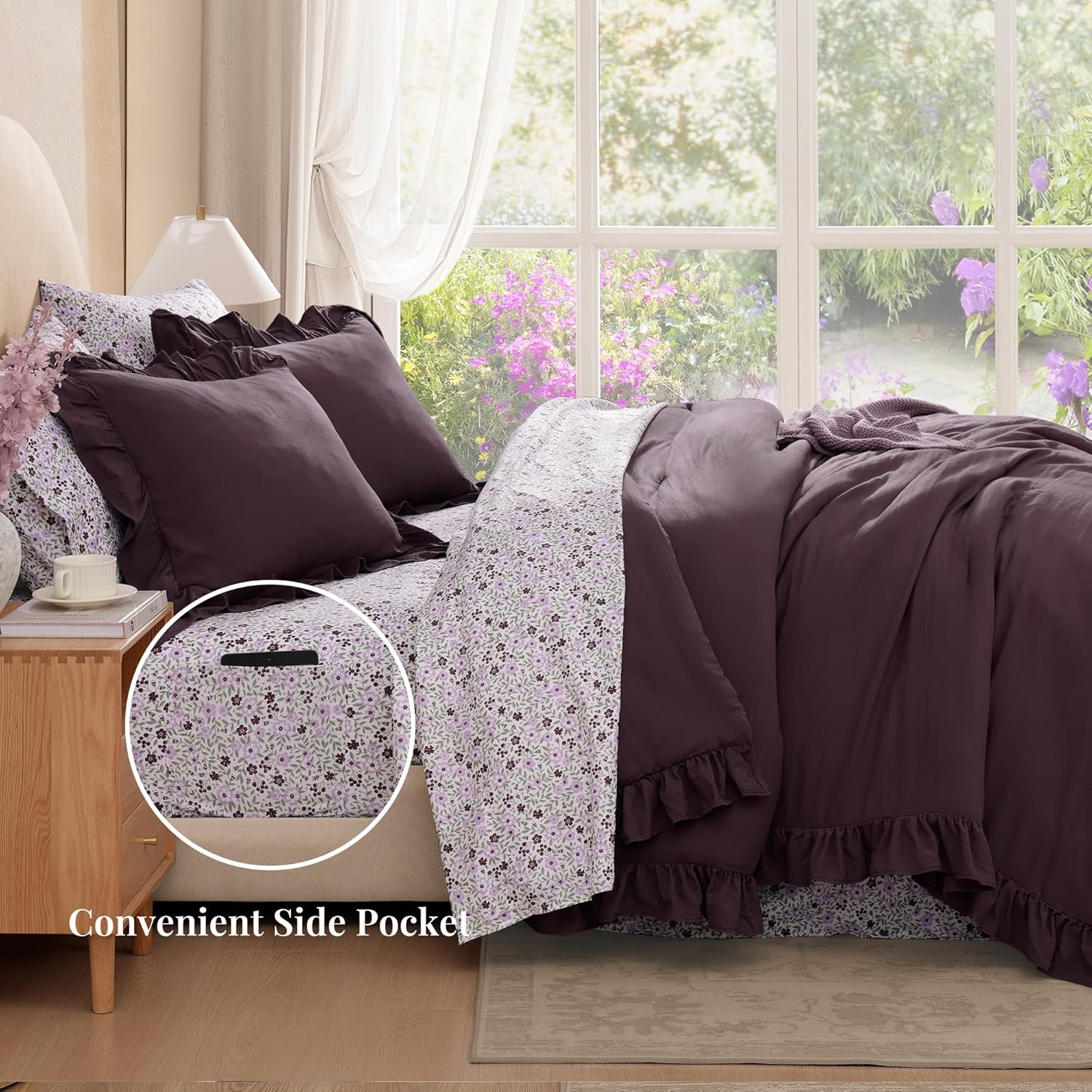 BLOOMHAVEN Full Comforter Set - 7 Pieces Ruffle Purple Bedding Sets, Shabby Chic Farmhouse Bed in a Bag Full with Ruffle Comforter, Floral Sheets, Pillowcases & Shams