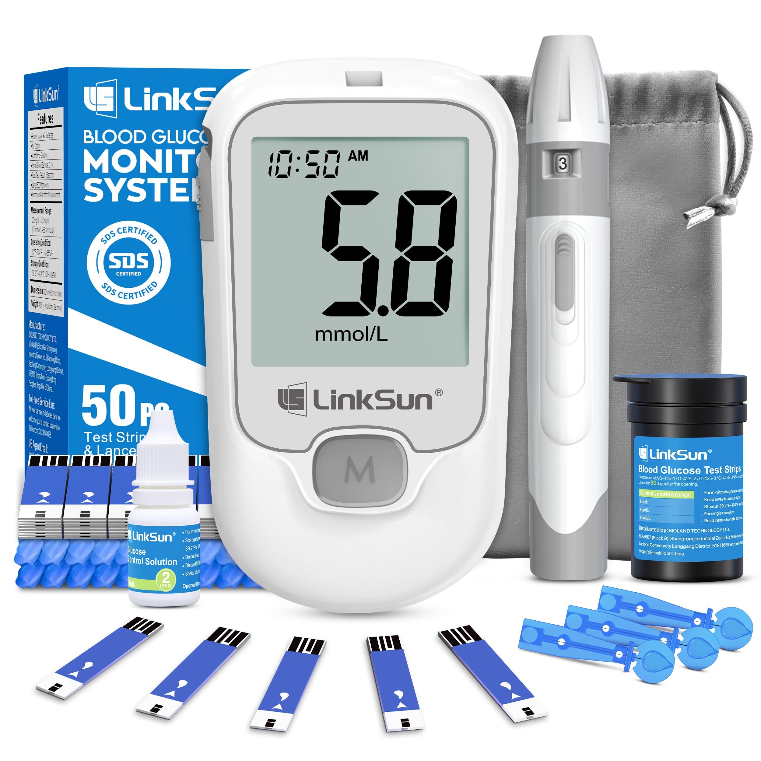 LinkSun G-425-1 Glucose Meter Kit, Blood Sugar Meter with 50 Test Strips, 50 Lancets, 1 Glucometer, 1 Launcher, 1 Control Solution, No Coding, mmol/L