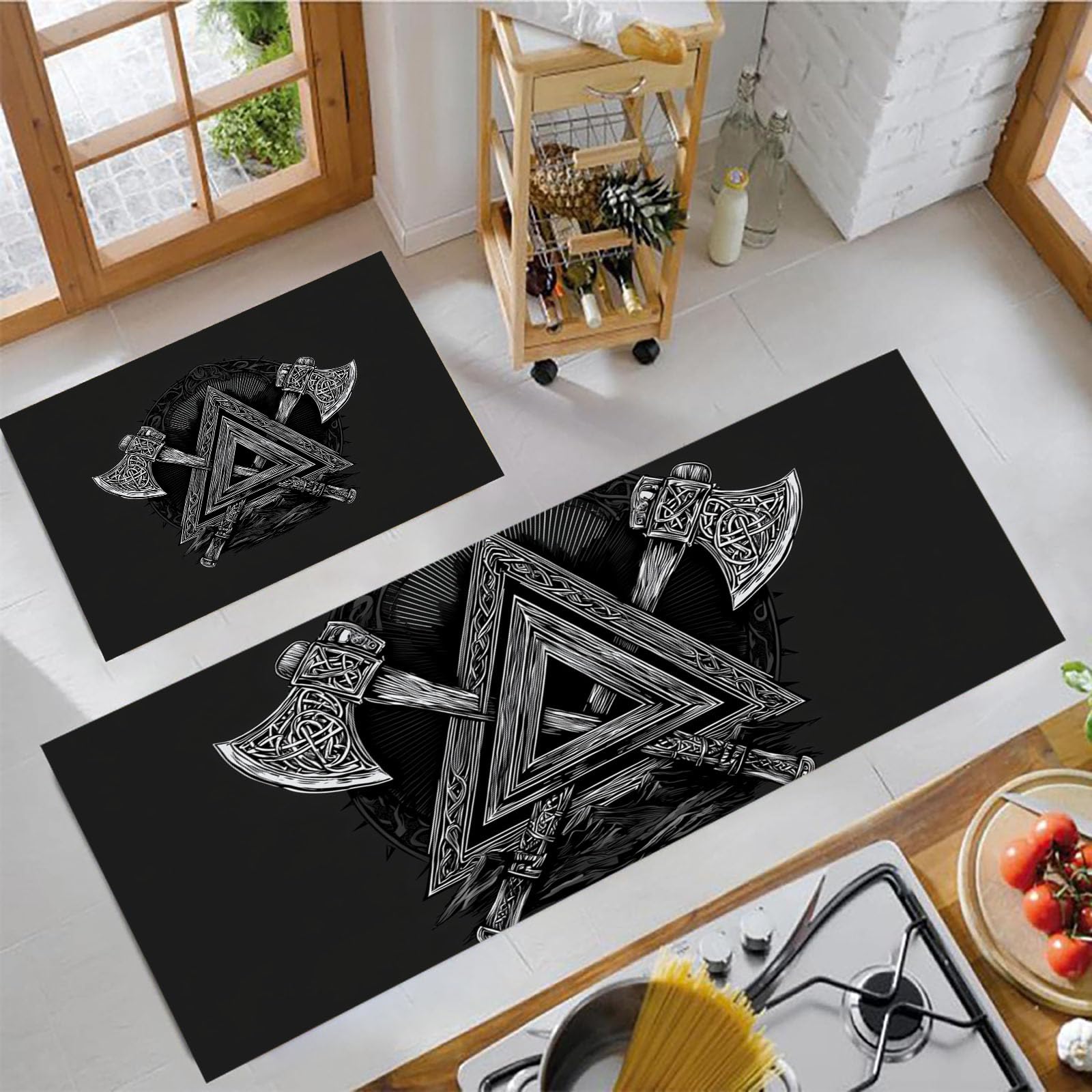 Set di 2 Tappetini da Cucina Ascia Vichinga Antiscivolo, Set di Tappetini da Cucina Mitologia Vichinga Lavabili per Lavanderia, Corridoio, Sala da Pranzo e Ingresso 40x60cm+40x120cm, Nero