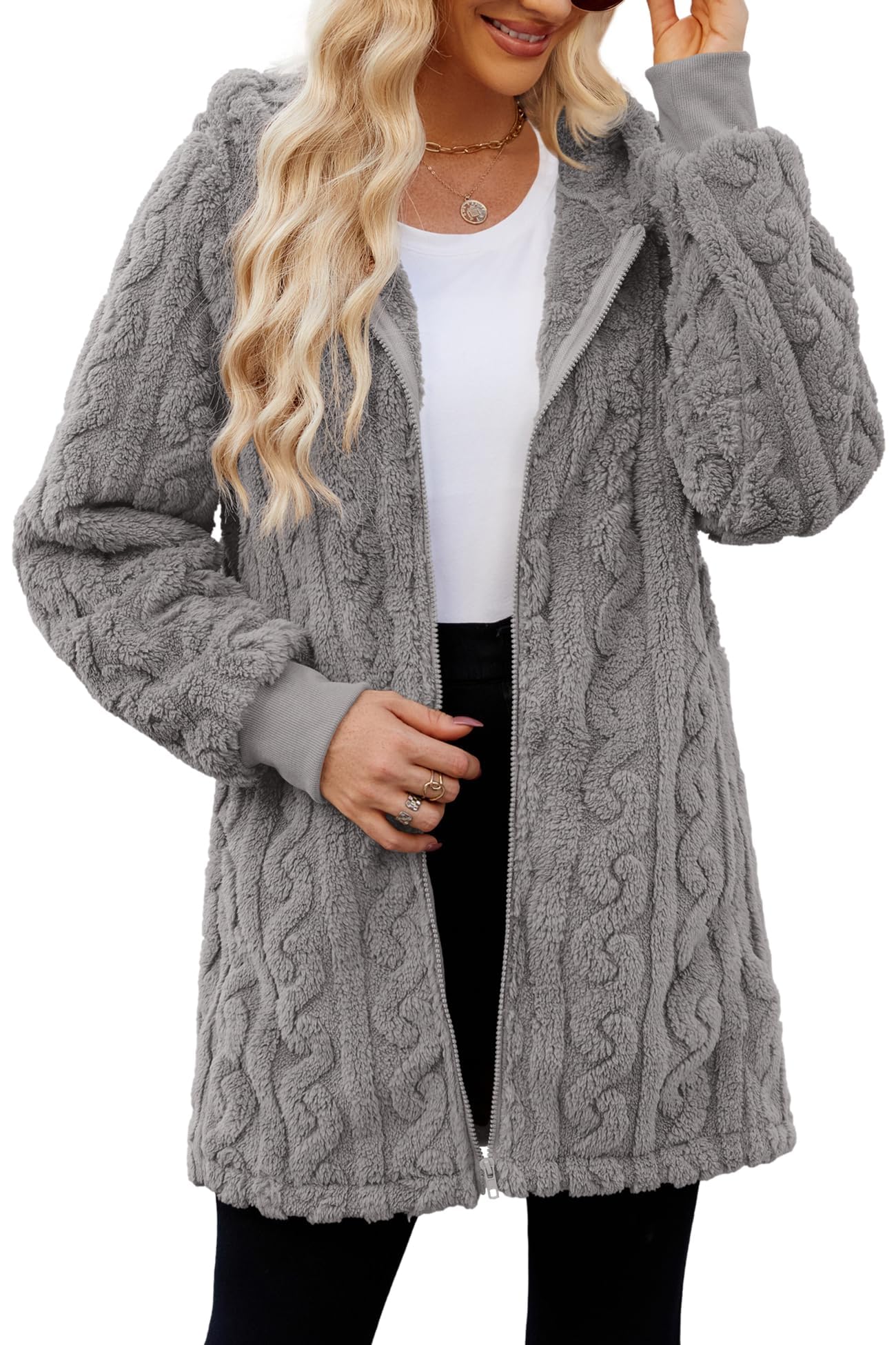 ReachMe Women's Oversized Sherpa Jacket Zip Up Fleece Hoodie