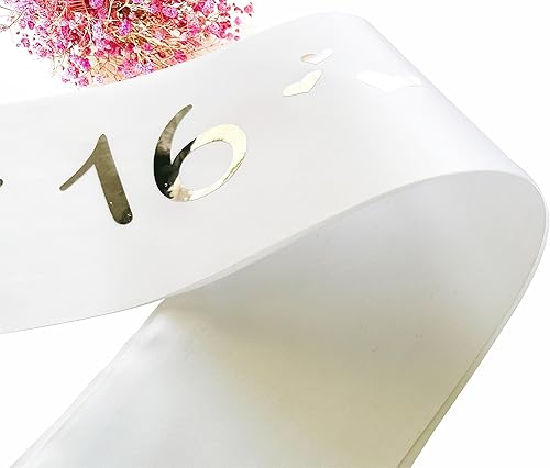 Miniatura 6 de Cinta de satén blanco con letras plateadas, decoraciones de banda de cumpleaños 16, regalos para niñas, suministros de recuerdo de fiesta