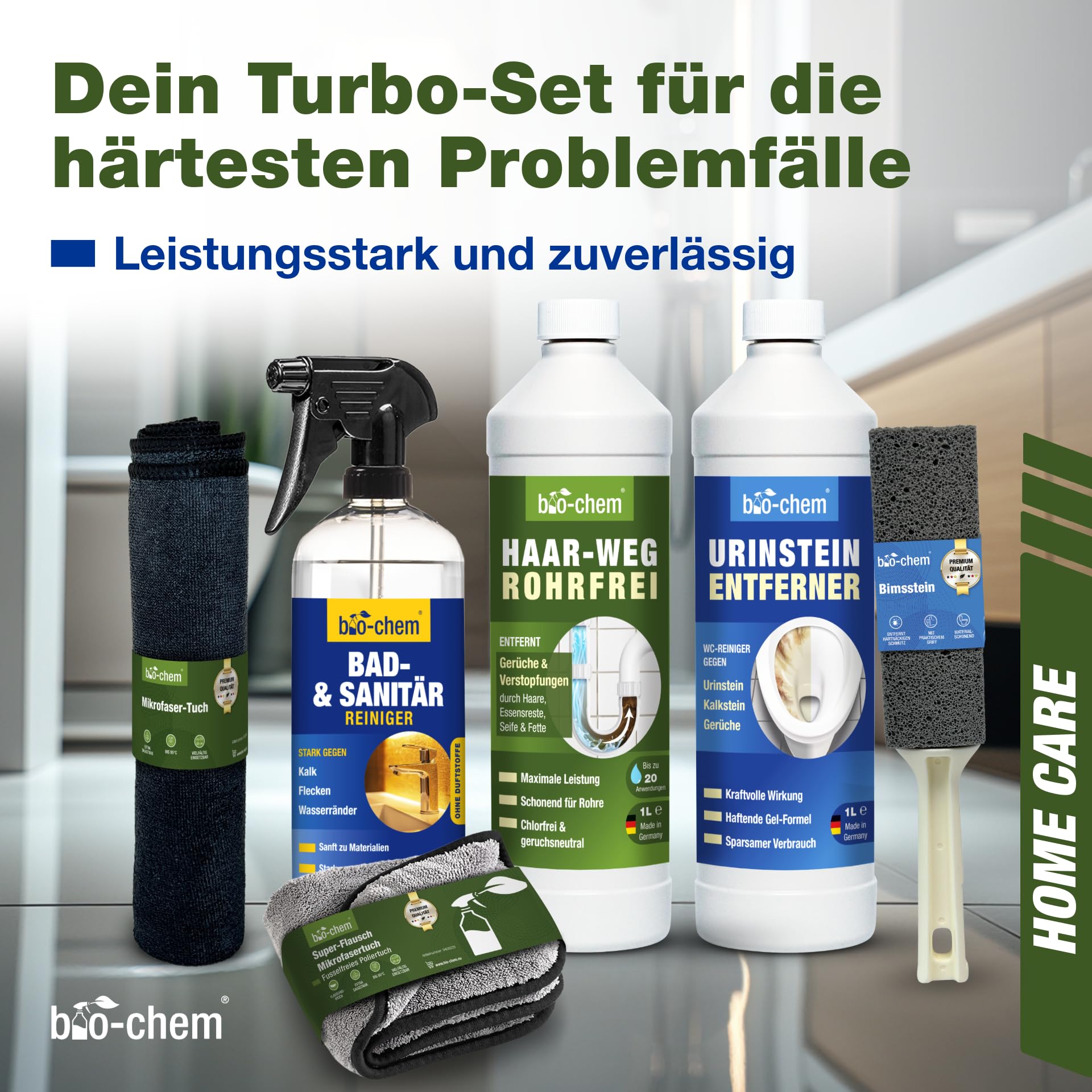 bio-chem Badreiniger Set 6-teilig für Bad, Dusche & WC | Mit Haar-Weg, Urinsteinentferner, Sanitärreiniger, Bimsstein und Tüchern | Abflussreiniger, Kalksteinreiniger, Badreiniger