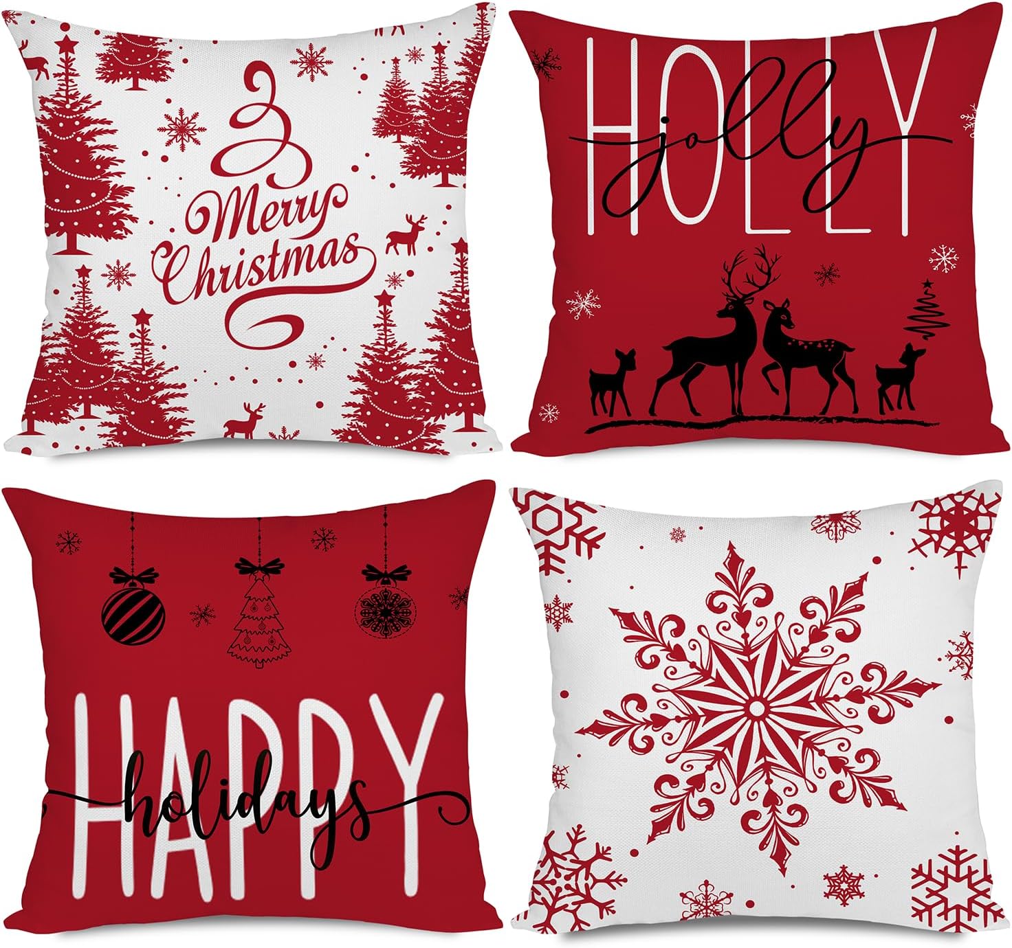 Miaikoe Red Christmas Cushion Covers 50×50 Set of 4 Christmas Decorations Happy Holidays Holly Jolly Snowflake Merry Christmas Decor Throw Cushion Case for Home Couch Sofa Deco