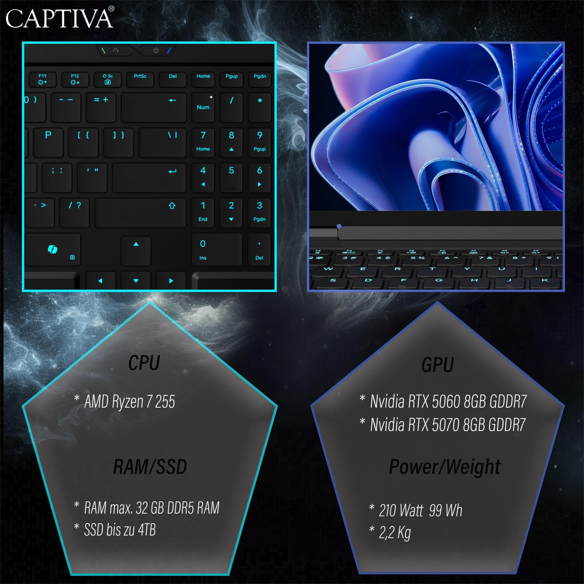 Captiva Notebook Highend Gaming R10-3078GE | AMD Ryzen 7 255 | 32GB DDR5 RAM | NVIDIA GeForce RTX 5070 8GB | 1 TB SSD | 15,3 Zoll WQXGA 180Hz | Windows 11 Home