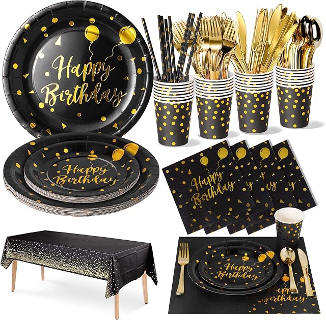 Nkaiso Party Tableware 161Pcs Black Gold Happy Birthday Theme Kids Birthday Decoration Party Accessories Set Includes Paper Plates Napkins Cups Knive Fork Spoon-20 Guests