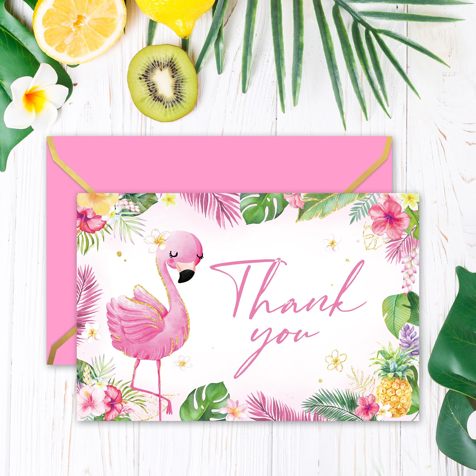Whaline 36 Packs Summer Flamingo Thank You Card Palm Leaves Greeting Card Pink Tropical Blank Note Card with Envelope Sticker for Hawaiian Birthday