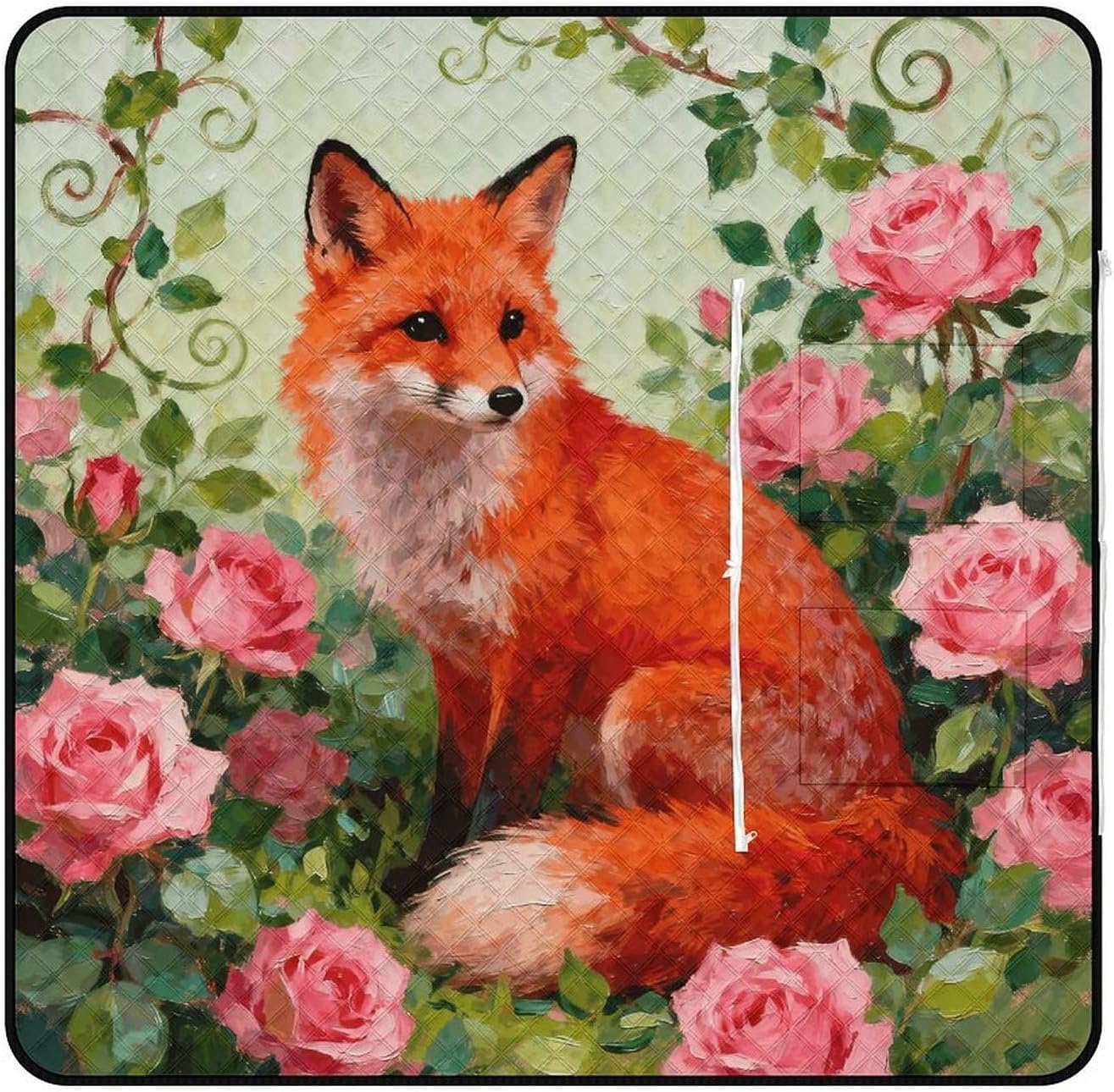 Flowers and Foxes Picnic Blanket with Zipper Water Resistant Sand Free Picnic Mat Washable Foldable Easy Carry Beach Blanket for Lawn Beach Hiking Camping