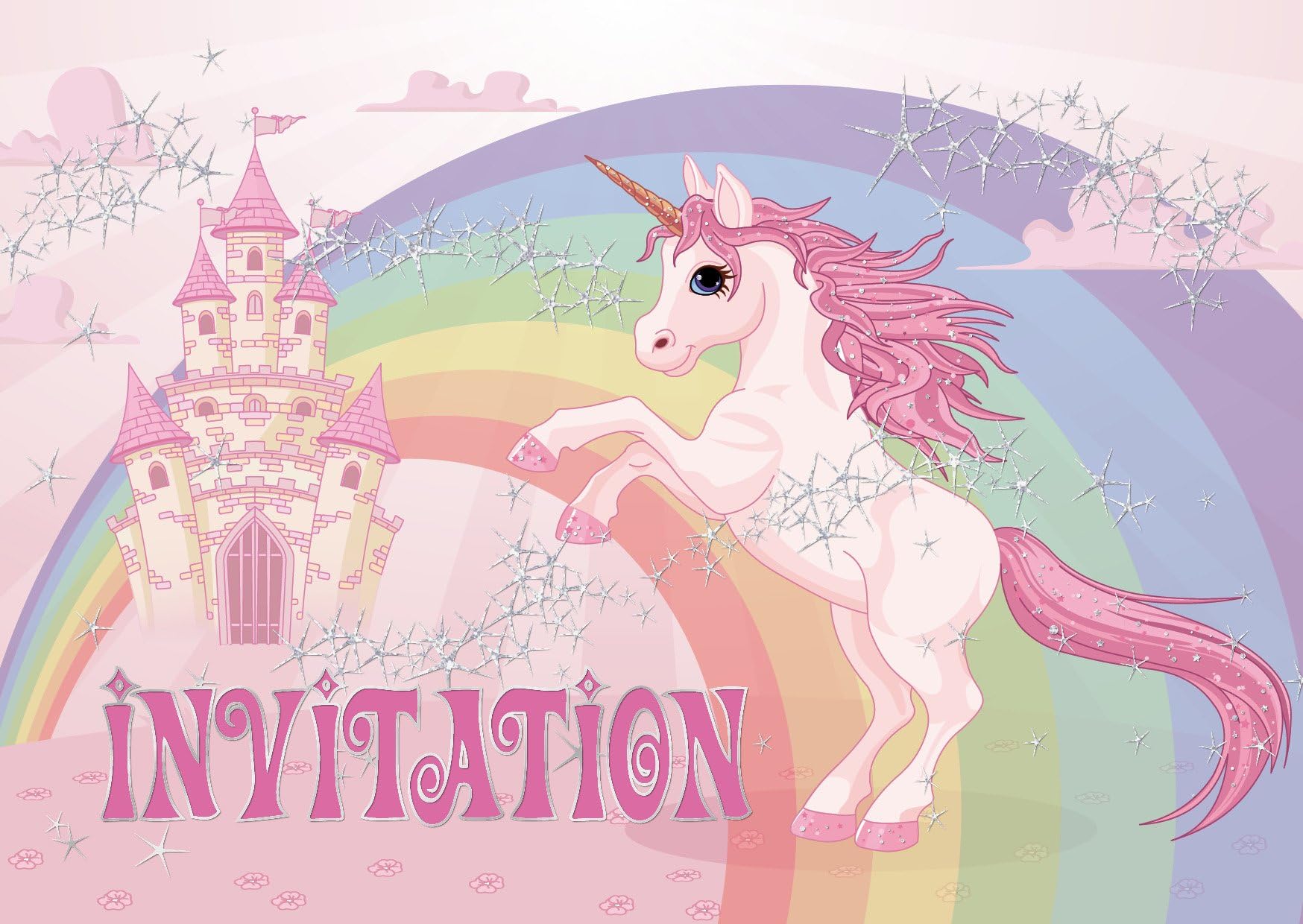 10 Einhorn-Einladungskarten Für Mädchengeburtstage – Zart Illustriert Mit Schloss & Regenbogen