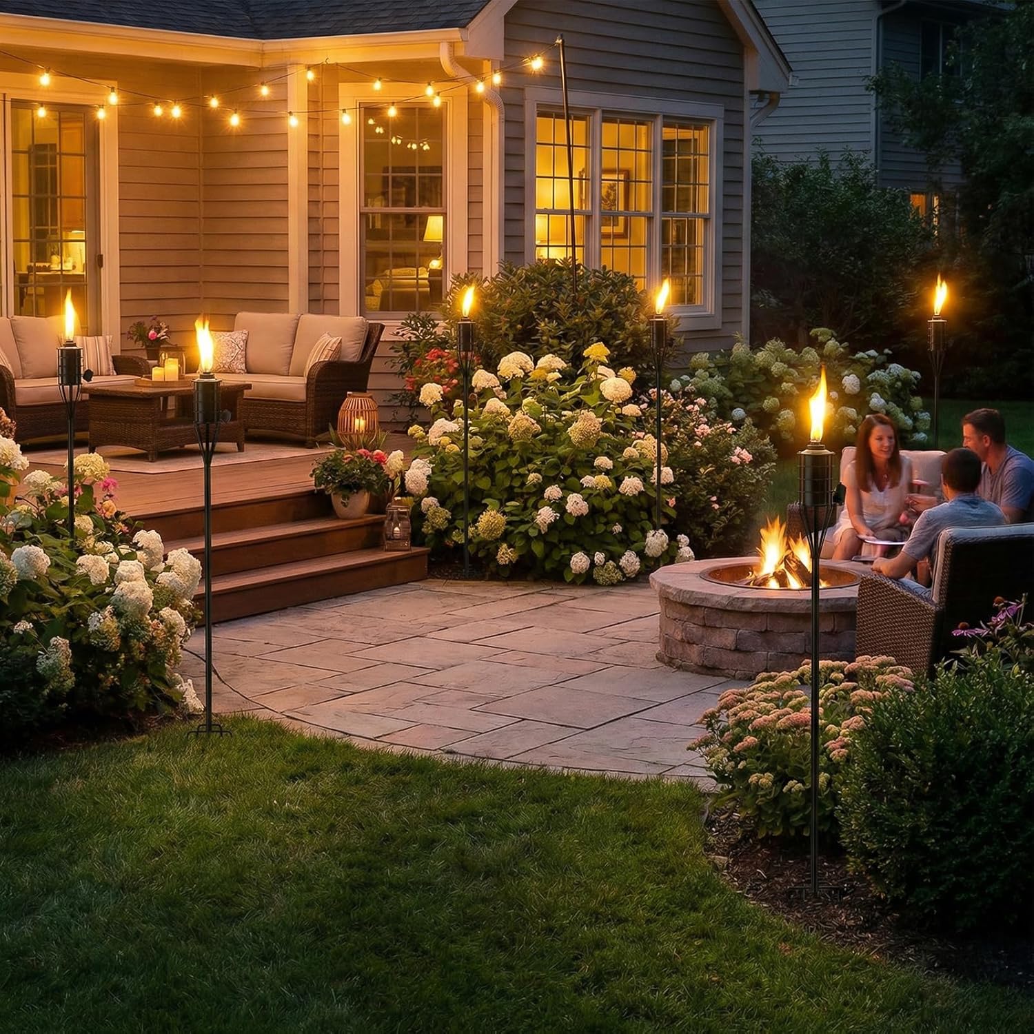 4 Pack Outdoor Garden Torch, 16 oz Citronella Torches Garden Décor, 59 Inch 5-Prong Grounded Stake Torches, Metal Torches with Fiberglass Wick for Yard, Patio, Deck, Garden, Party, Landscape