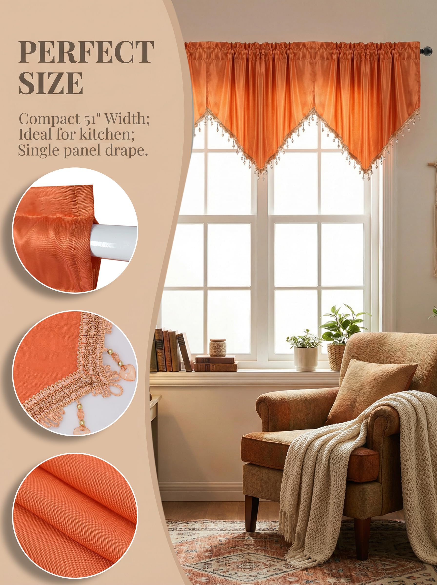 Molaxhome Swag Curtain Scalloped Curtain Valance Drape Sheer Lace Panel 1pc, Cloth Orange, W 51.2" x L 23.6" (1 Panels) - Image 5