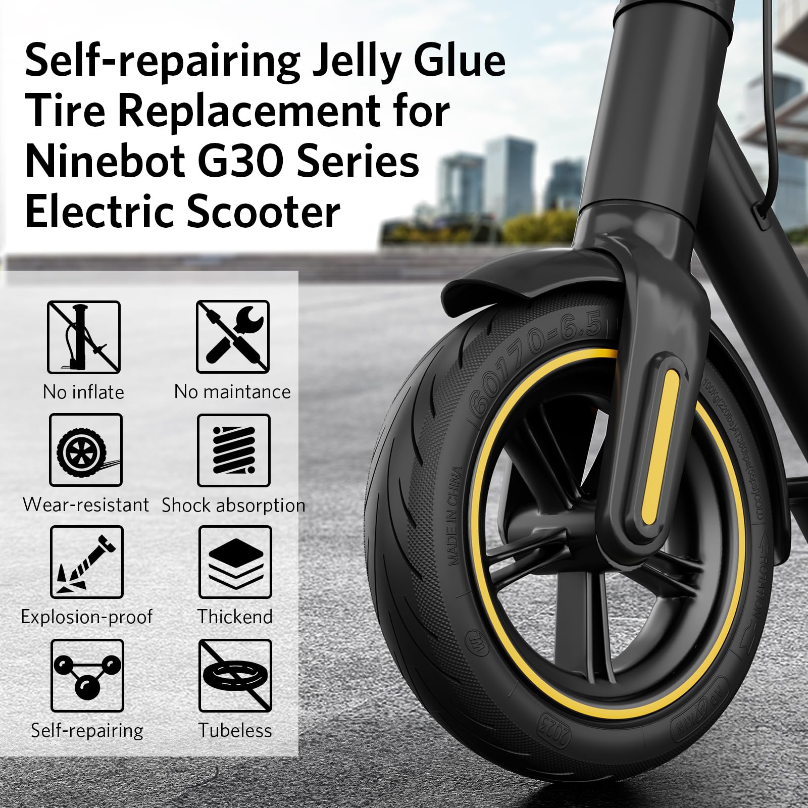 OUXI 10 Zoll Reifen selbstreparierende Jelly Glue Ersatzreifen für Ninebot G30Max /G30D mit Montagewerkzeug für Elektroroller, 60/70-6.5 Zoll Ersatzräder, Hochelastische ElektrorollerReifen (2er Pack)