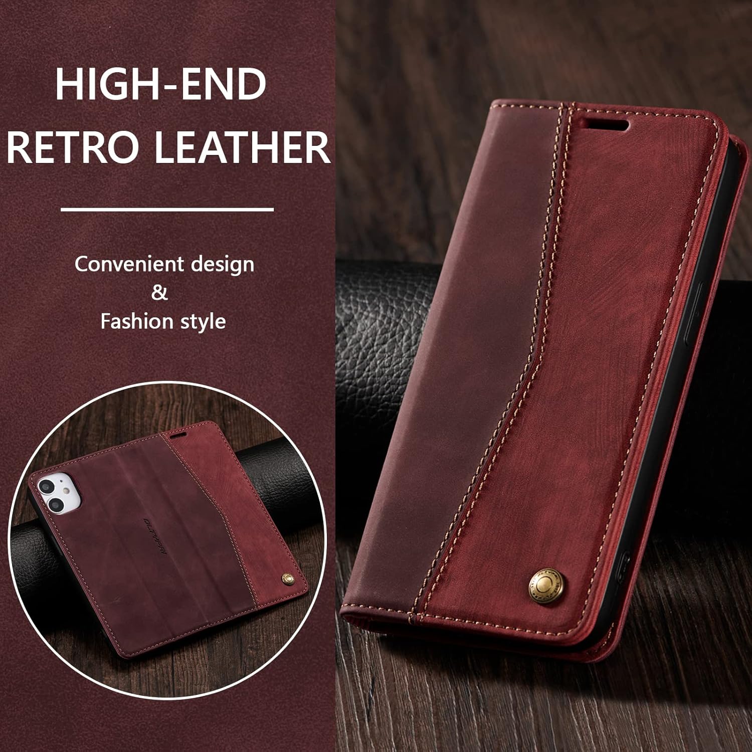 QLTYPRI Wallet Case for iPhone 12/12 Pro, Vintage Folio PU Leather Case with Card Slots Magnetic Closure Kickstand Flip Shockproof Phone Cover for iPhone 12/12 Pro - Wine Red - Image 7