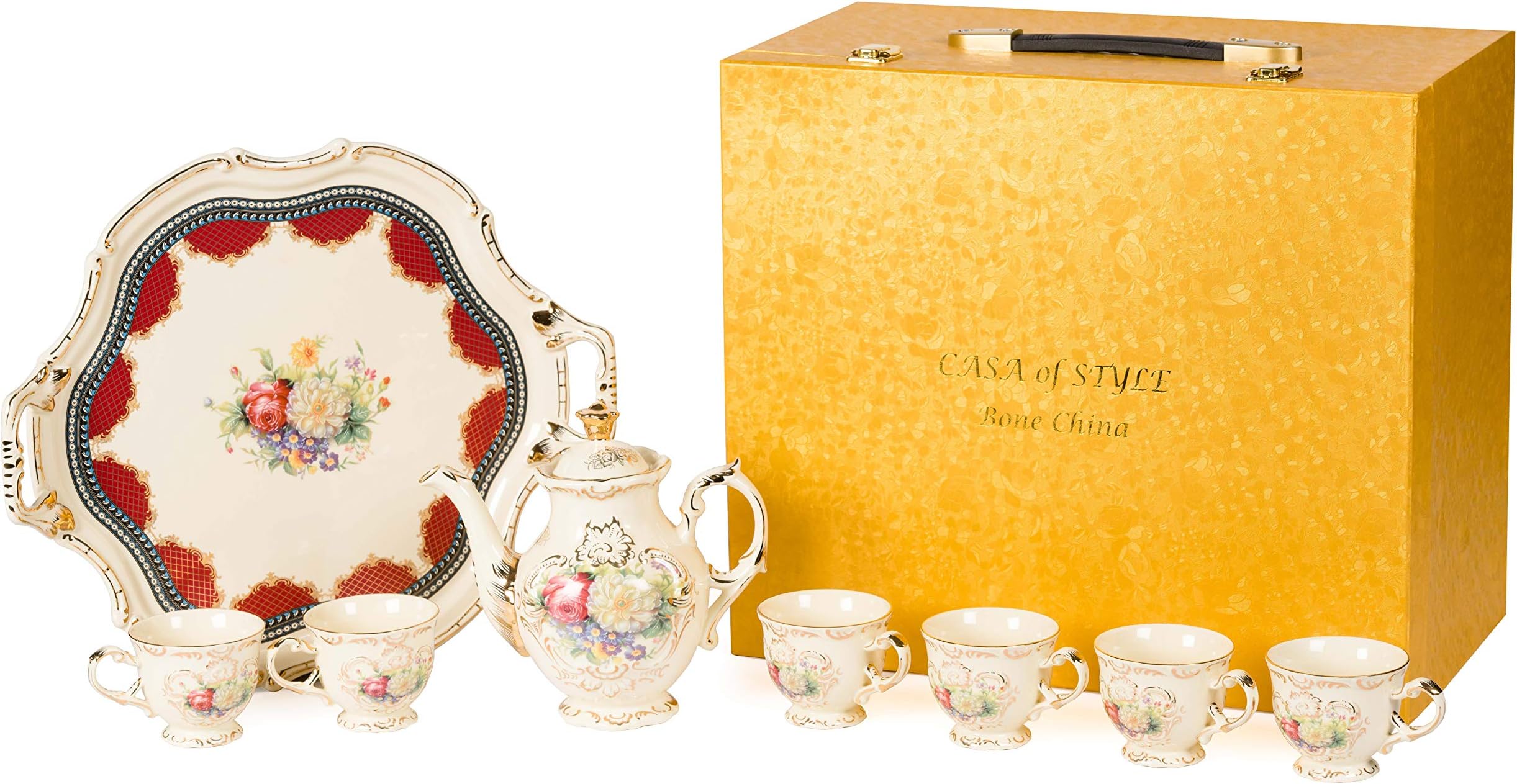 Vintage Tea Sets for Women, Antique China Porcelain Teapot Set with Tray, 6 Cup