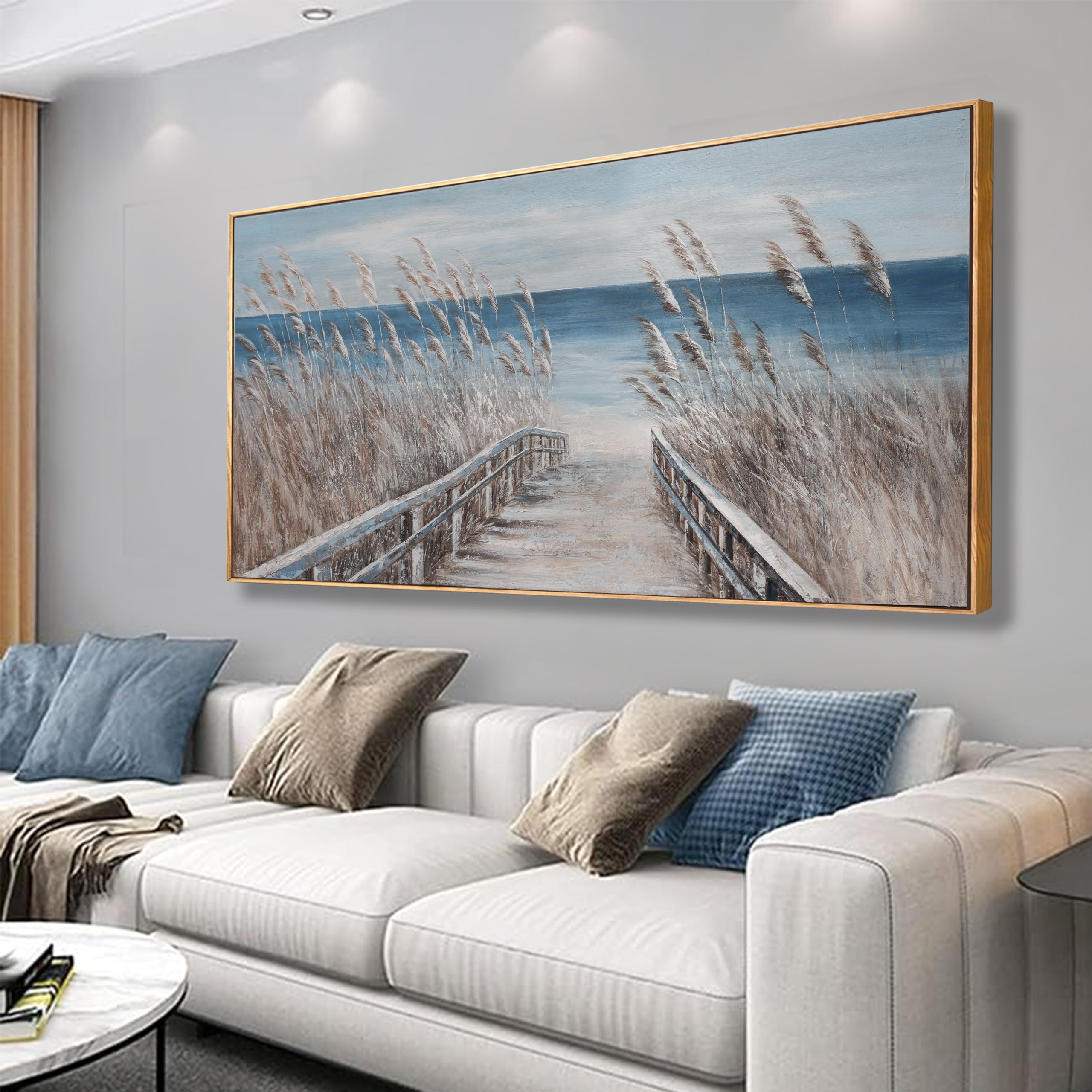 Framed Wall Art Scene Decor Canvas Print Painting Picture Artwork Framed Reed And Blue Coast Landscape Large Size For Living Room Bedroom Living Room And Office Wall Decor 30"X60"