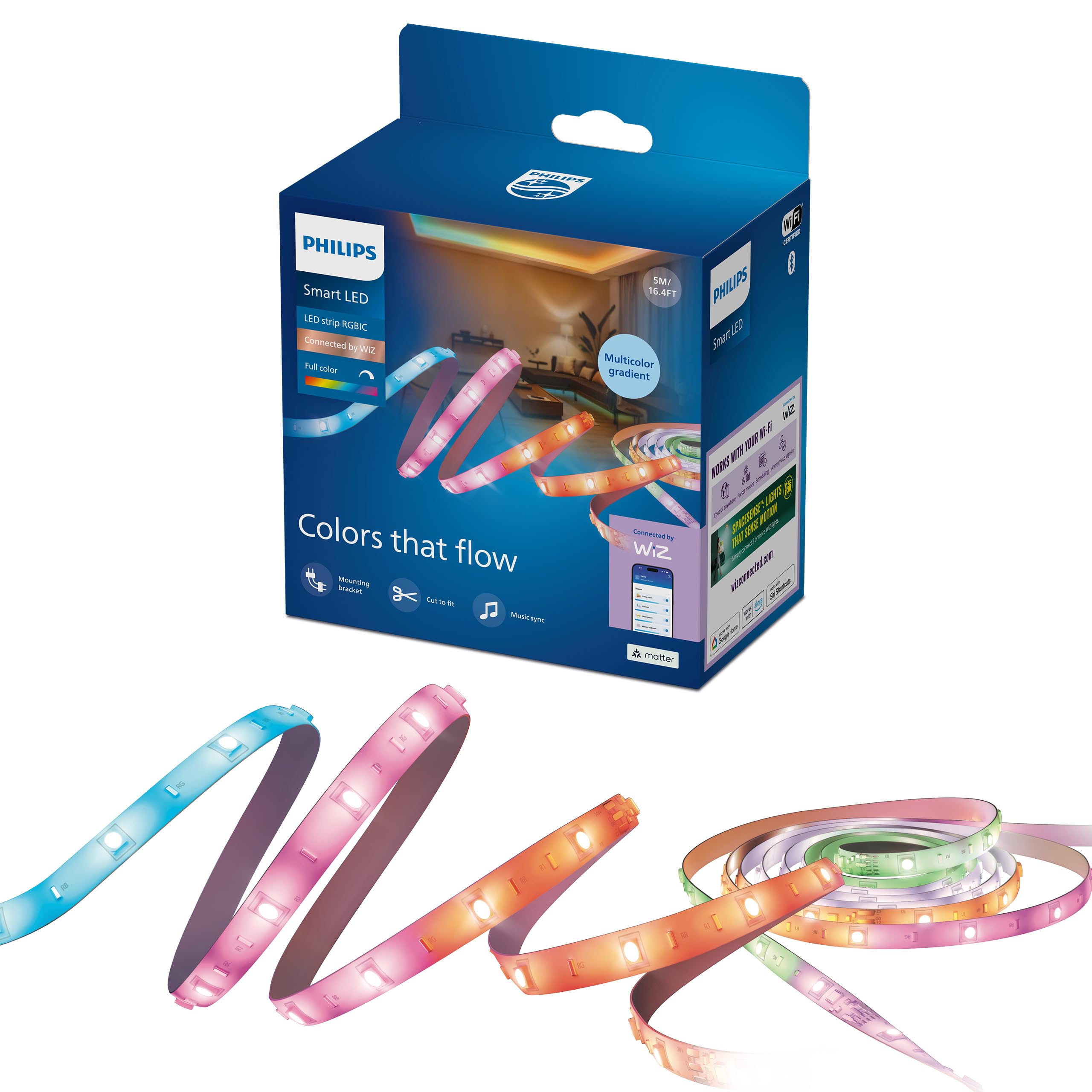 Philips Smart Lighting RGBIC LED Strip Light, 5 m, Type G, Dynamic Multicolor Light Effects, Cuttable, Easy Setup, Connects to Wi-Fi, Connected by WiZ, Google Home, Alexa, Apple Home