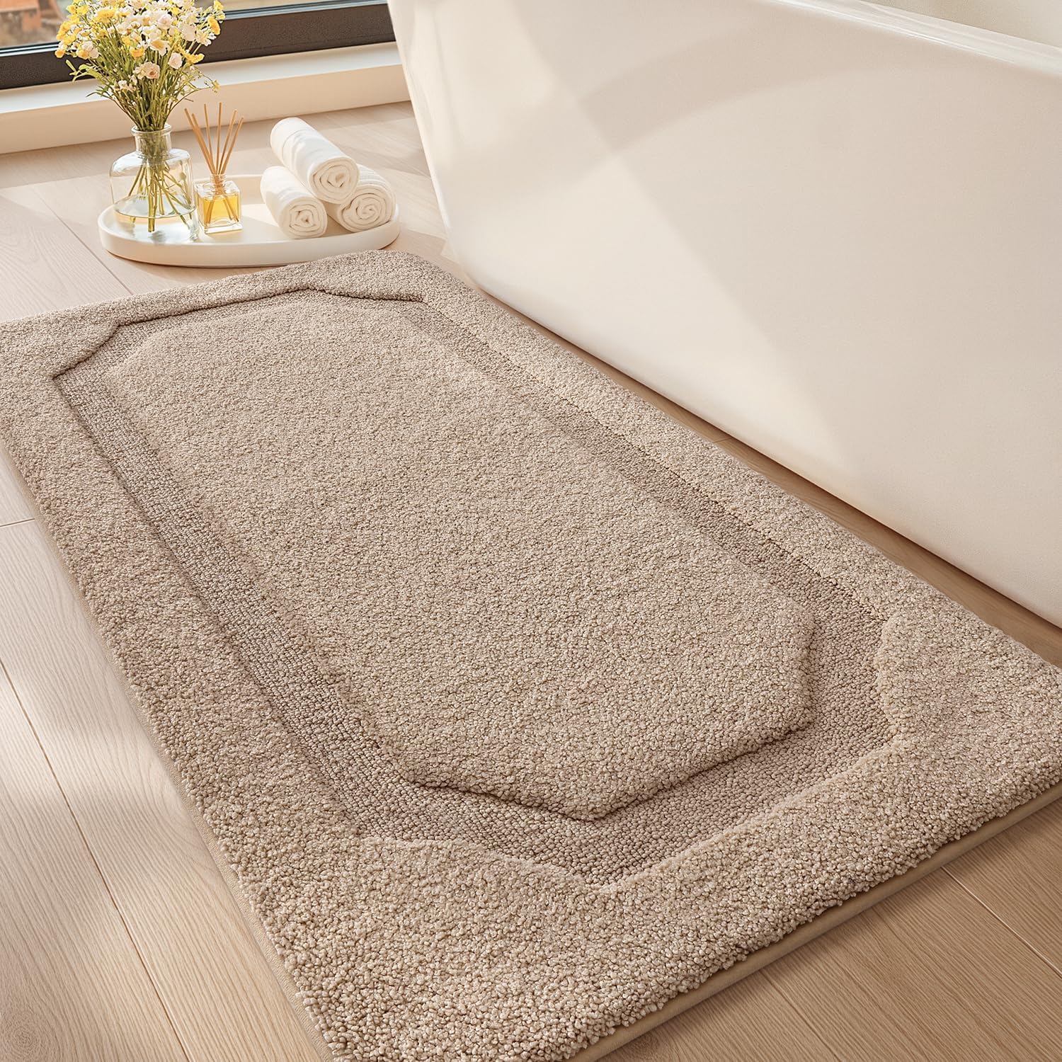 Color&Geometry Long Bathroom Rugs, Non Slip Washable Shower Floor Mat, 24"x43" Beige Bath Mat Soft, Super Absorbent Bathroom Runner Rug Beige 2' x 3'7" (Rectangular)
