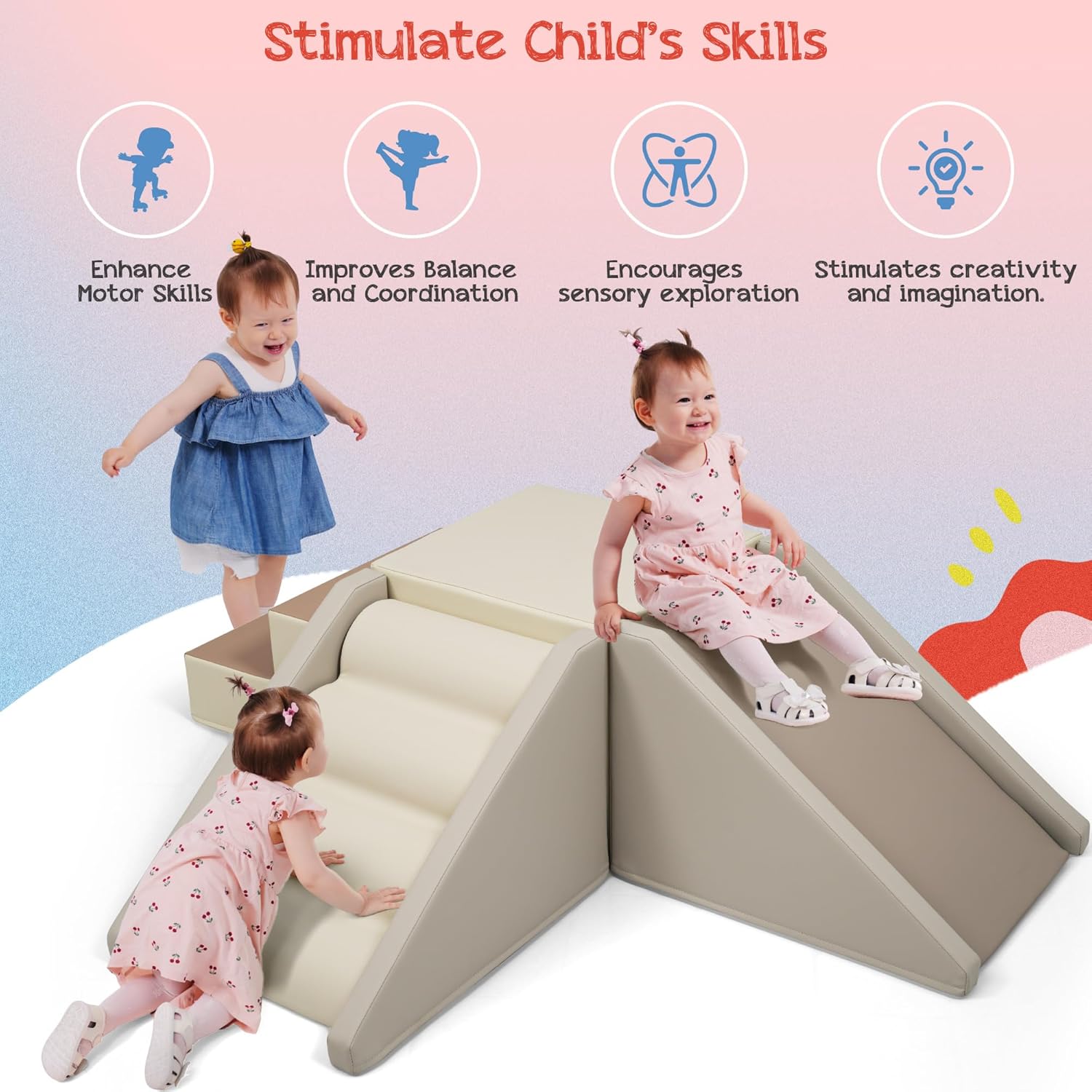 Merax Indoor Climbing Toys for Toddlers, 9-Piece Foam Climbing Blocks Climb & Crawl Tunnel Soft Play Set (9-Piece Cappuccino)