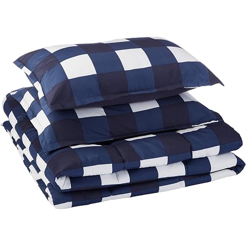 Amazon Basics Reversible Comforter Set, King, Navy Oversized Gingham, Microfiber, Ultra-Soft