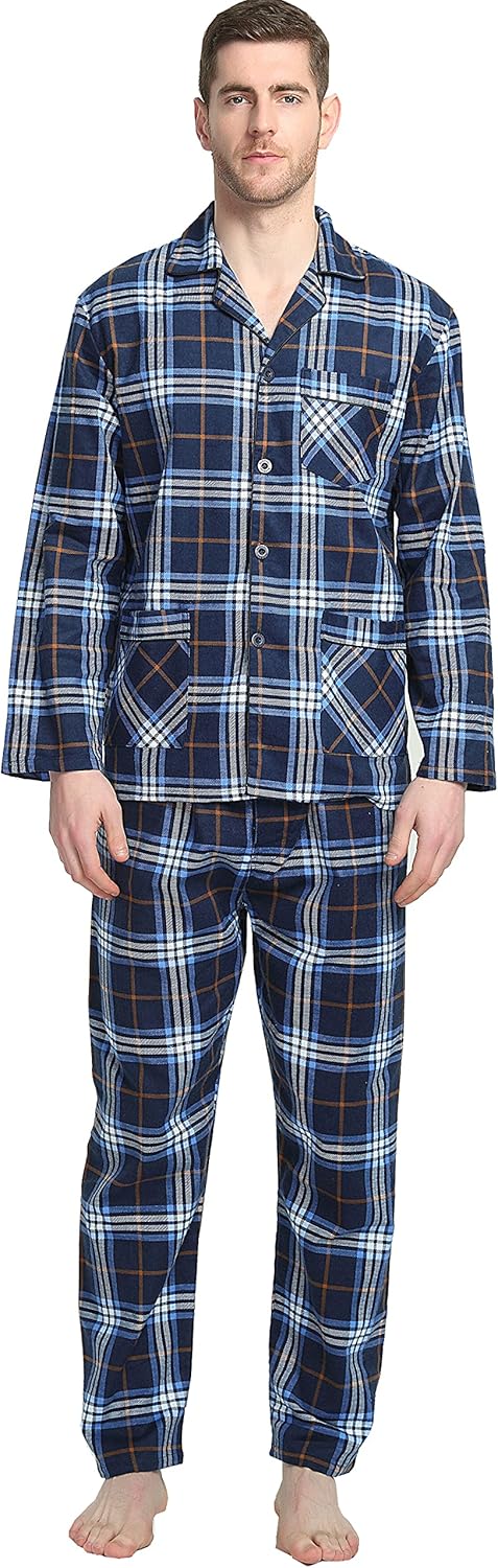 GLOBAL Men's Pajamas Sets 100% Cotton Flannel Sleepwear Long-Sleeve top & Bottom