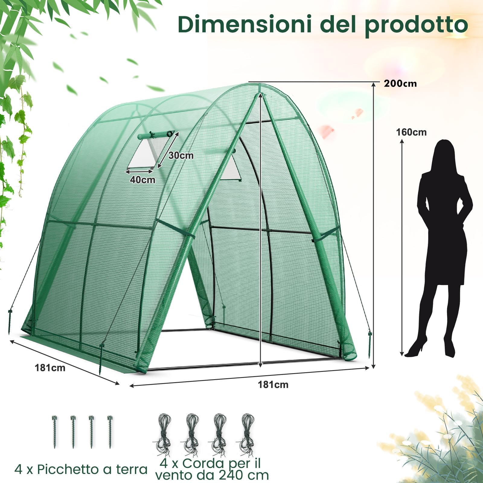 GYMAX Serra da Giardino, 181x181x200cm, Serra a Tunnel con 2 Finestre Avvolgibili e 2 Porte con Cerniera, Copertura in PE, Resistente al Vento, ai Raggi UV, Serra Invernale per Orto e Piante (Verde)