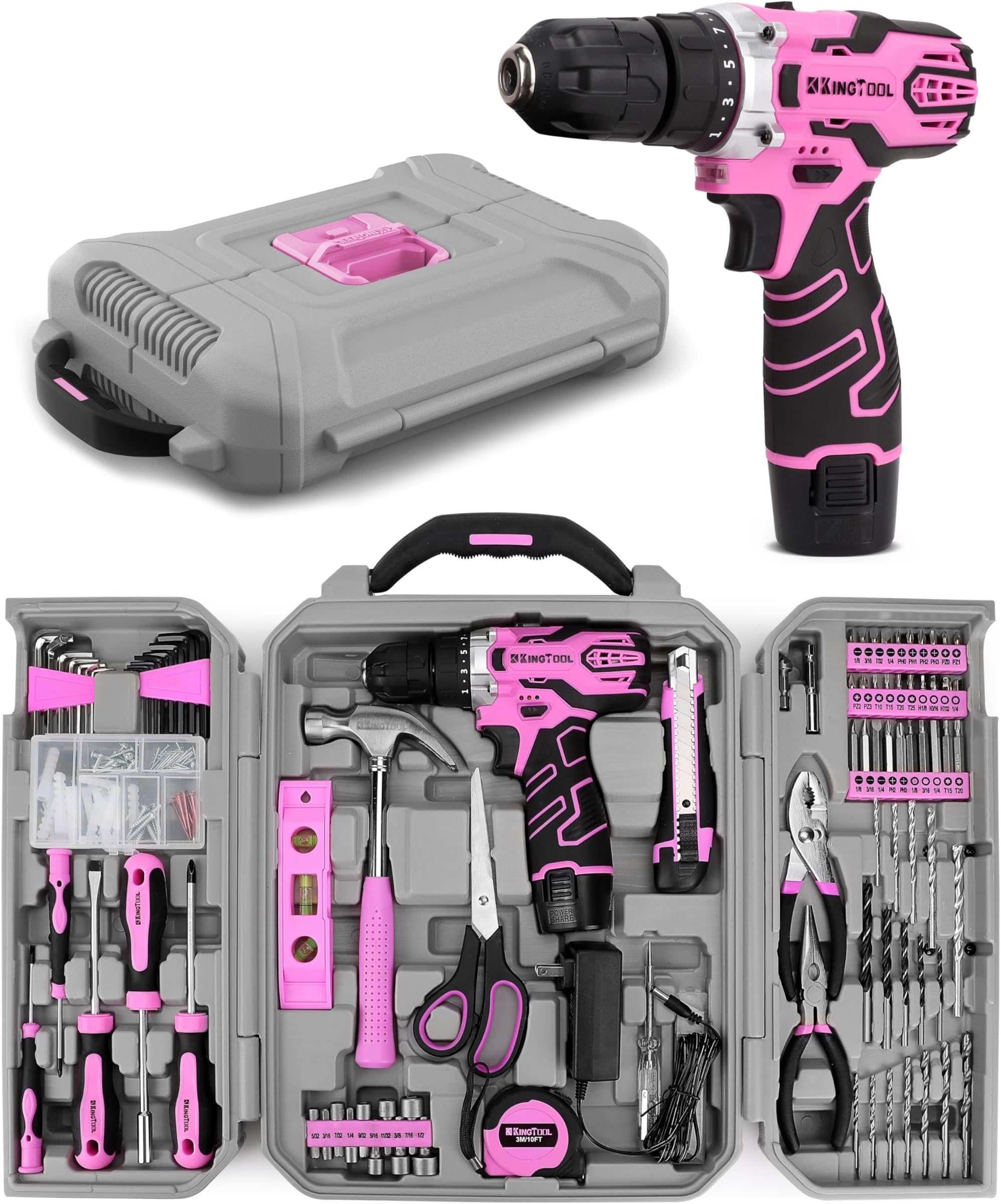 KingTool Home Tool Kit Set - 219 Pieces Pink Tool Kit with 12V Max Power Cordless Drill, Tool Kit for Women, Household Tool Set Kit with Power Drill for Home Office Garden Repair