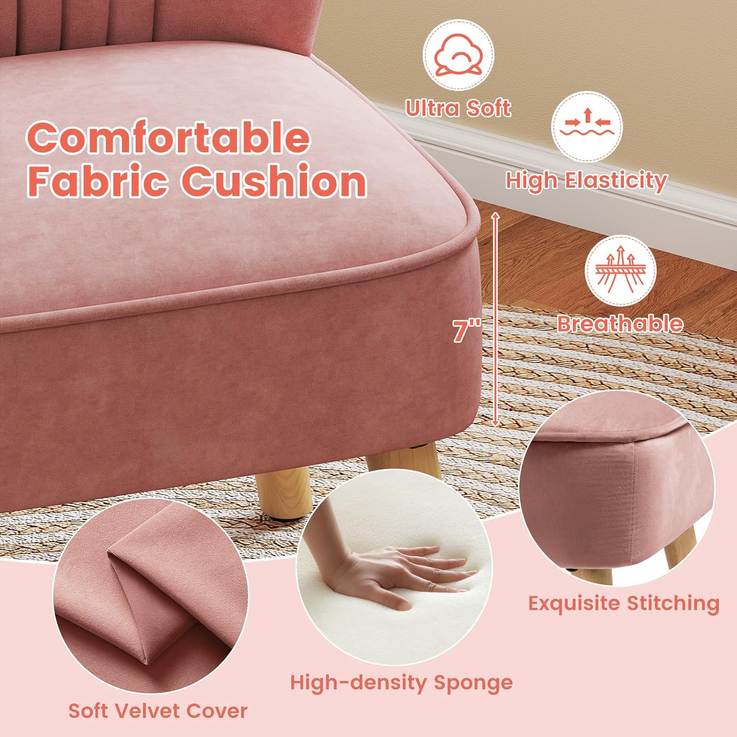 KOMFOTT Velvet Accent Chair, Modern Armless Sofa Chair with Solid Rubber Wood Legs, Wingback Leisure Chair with Thick Cushion, Upholstered Side Chair for Living Room, Bedroom, Pink