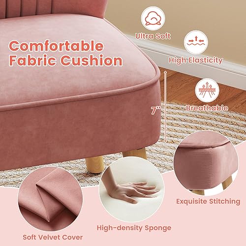 Miniatura 5 de KOMFOTT Juego de 2 sillas decorativas tapizadas, moderna silla de terciopelo sin brazos con patas de madera de goma maciza, sofá con respaldo de ala