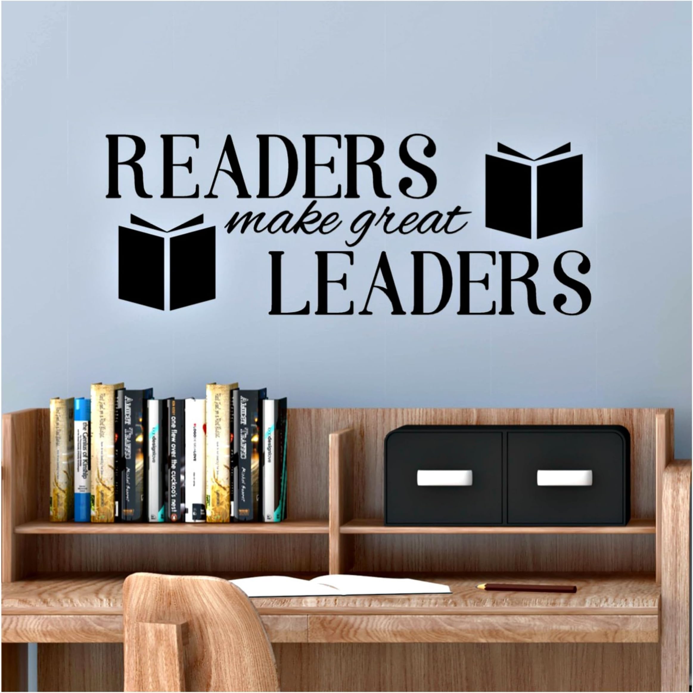 Readers Make Great Leaders Decal, Reading Corner Decorations, Classroom Wall Decor, Library Vinyl Stickers, 29" W x 10.5" H Black