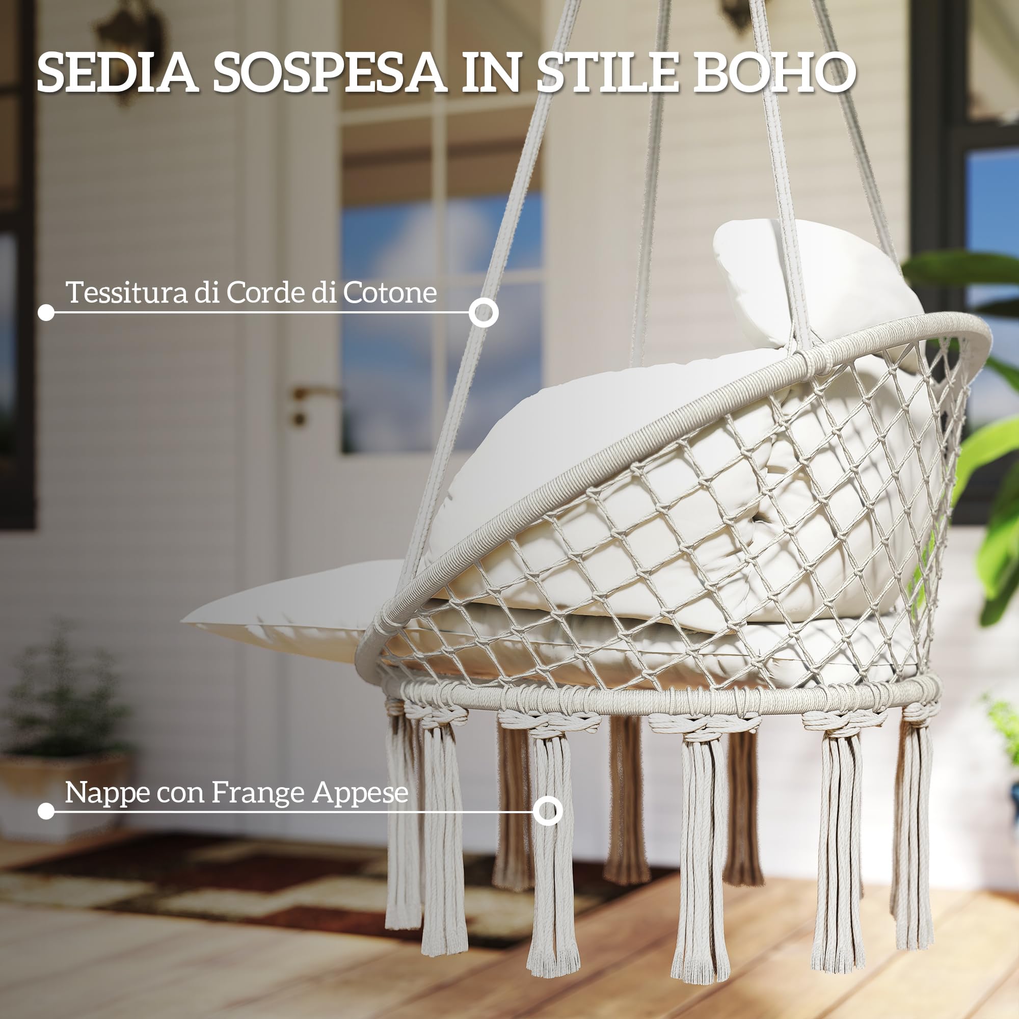Outsunny Poltrona Sospesa da Esterno in Stile Boho con Frange, Cuscino, Corde e Anelli, Sedia Sospesa da Giardino in Acciaio, Cotone e Poliestere, Portata Fino a 120 kg, 80x60x40 cm, Crema