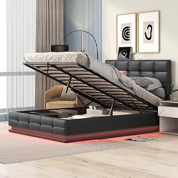 Full Size Tufted Upholstered Platform Bed with Hydraulic Storage System, PU Storage Bed with Headboard, No Box Spring Required, with LED Lights and USB Charger, Black