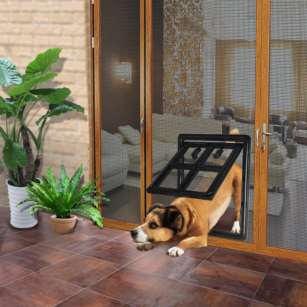 CEESC Dog Door for Sliding Screen Door, 3rd Upgraded Version Automatic Lock Pet Door for Dogs Puppies Cats, 3 Colors 5 Options （Large Black--Inner Size: 15.75"(H) x 11.81"(W) x 0.79"(D)