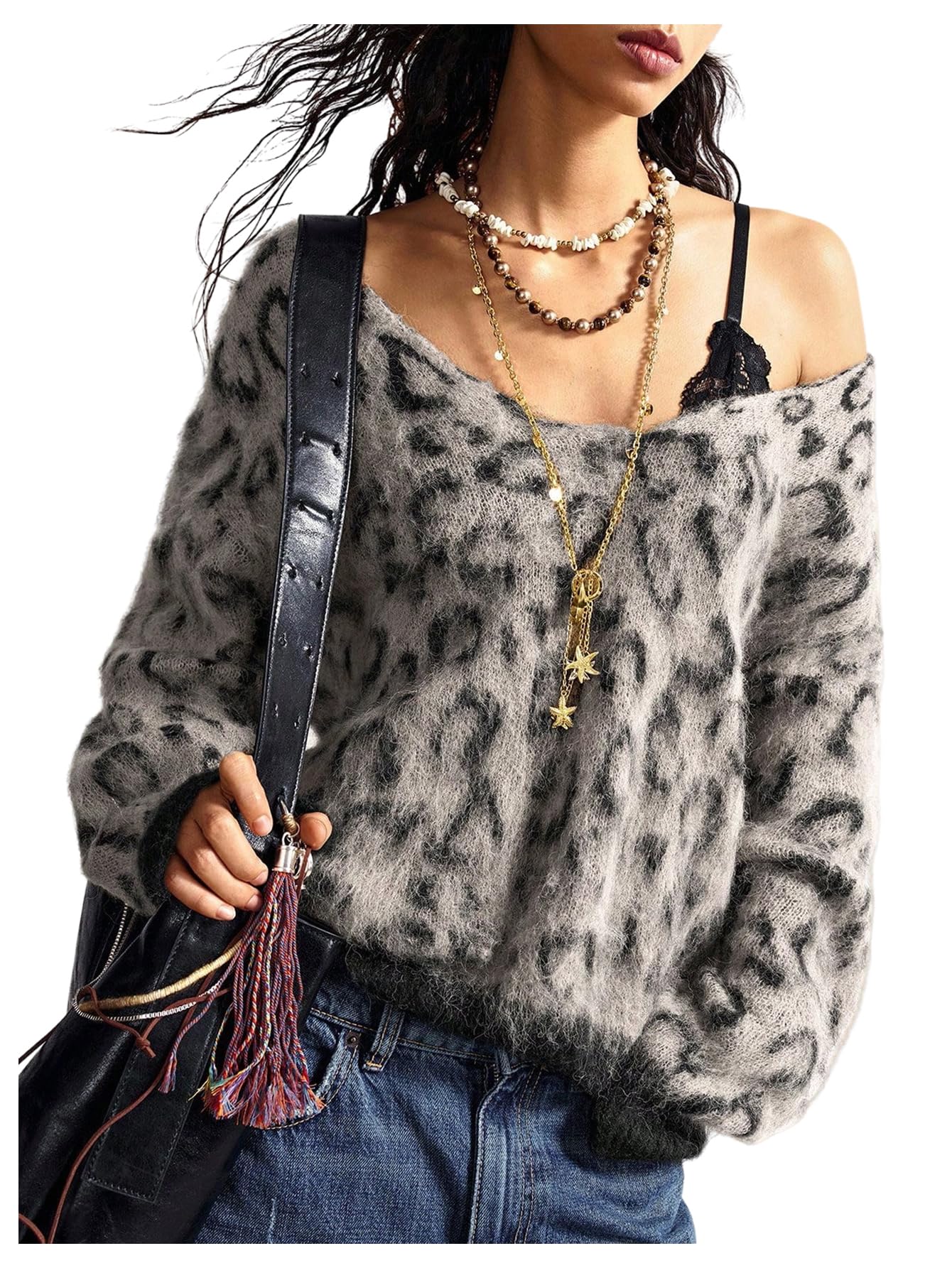 Floerns Womens Leopard Print Off The Shoulder Sweater Fall 2025 Trendy V Neck Loose Casual Long Sleeve Fuzzy