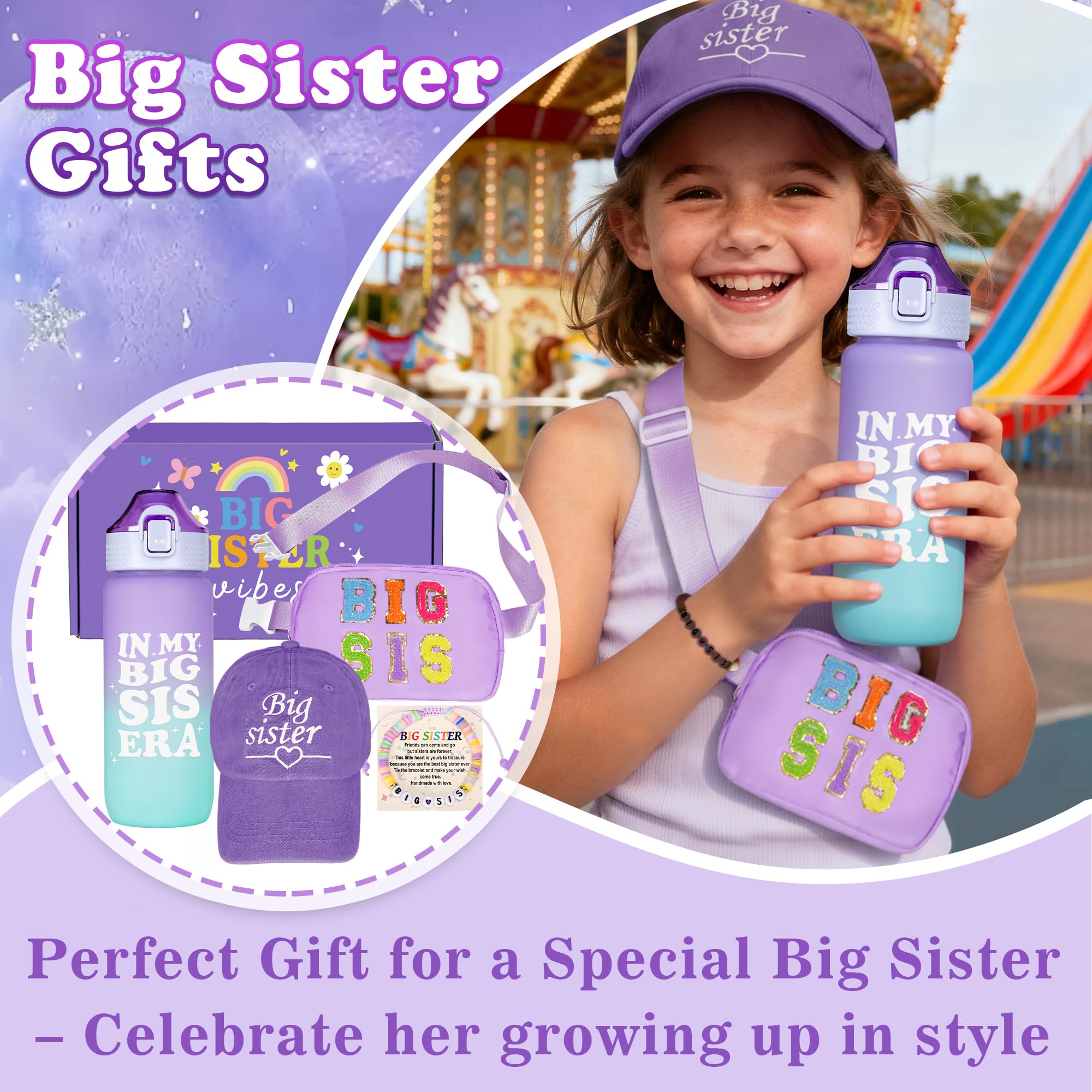 Big Sister Gifts for Girls – Purple Big Sister Gift Set with 20oz Water Bottle, Waist Bag, Baseball Cap & Bracelet, New Big Sister Gifts for Girls
