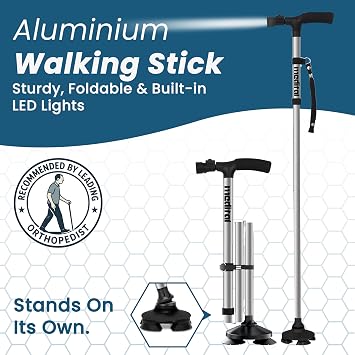 MEDITAL Folding Walking Stick with LED Light - 84.5-94.5cm Adjustable Walking Cane - Foldable Walking Stick for Men & Women with Extra Wide Pivoting Base - Comfortable Grip & Self-Standing Design