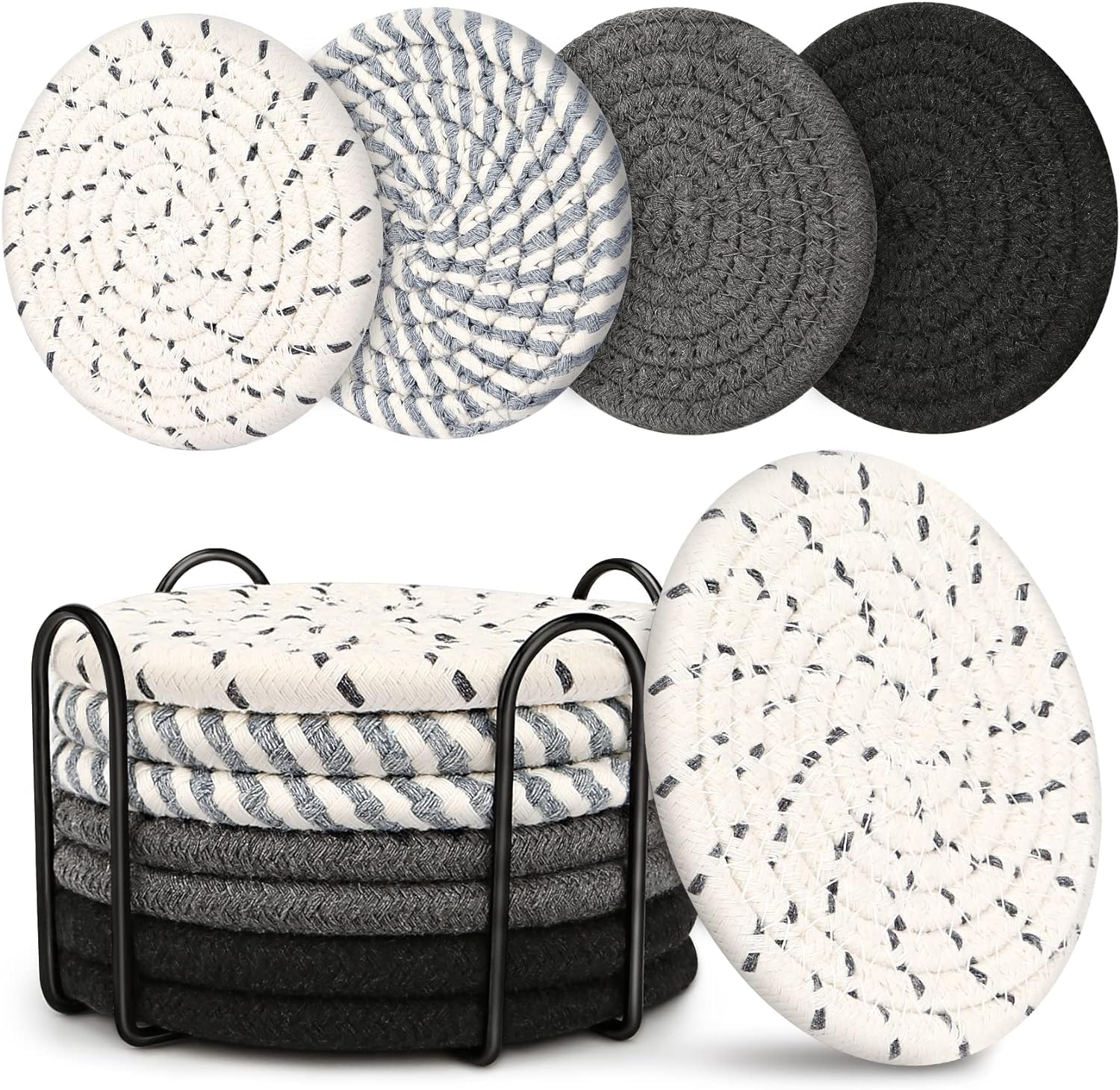 8 Pcs Drink Coasters with Holder, 4 Colors Absorbent Coasters for Drinks Minimalist Cup Coasters Cotton Coaster Set Woven Coasters for Coffee Table Home Decor Bar Housewarming Gift, 4.3 Inch(Type A)