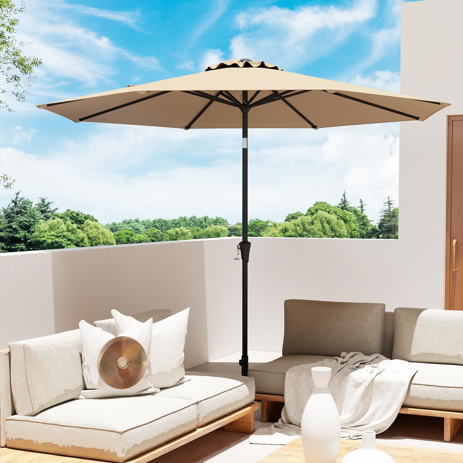GOPLUS Parasol de Jardin Exterieur 3M, Grand Parasol Inclinable de 25° avec Manivelle, 8 Baleines Renforcés, Anti-UV, pour Terrasse Plage Balcon Patio, sans Base (Marron)