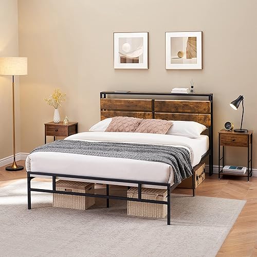 Miniatura 6 de Base de cama tamaño Queen, marco de cama de plataforma de metal con cabecera de almacenamiento, cabecera de madera rústica vintage, base de colchón,