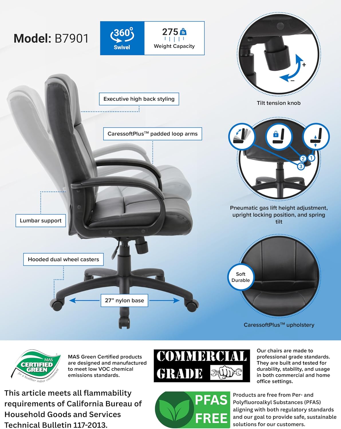 Boss Office Products Caressoft Executive High Back Chair in Black, High-Back (B7901)