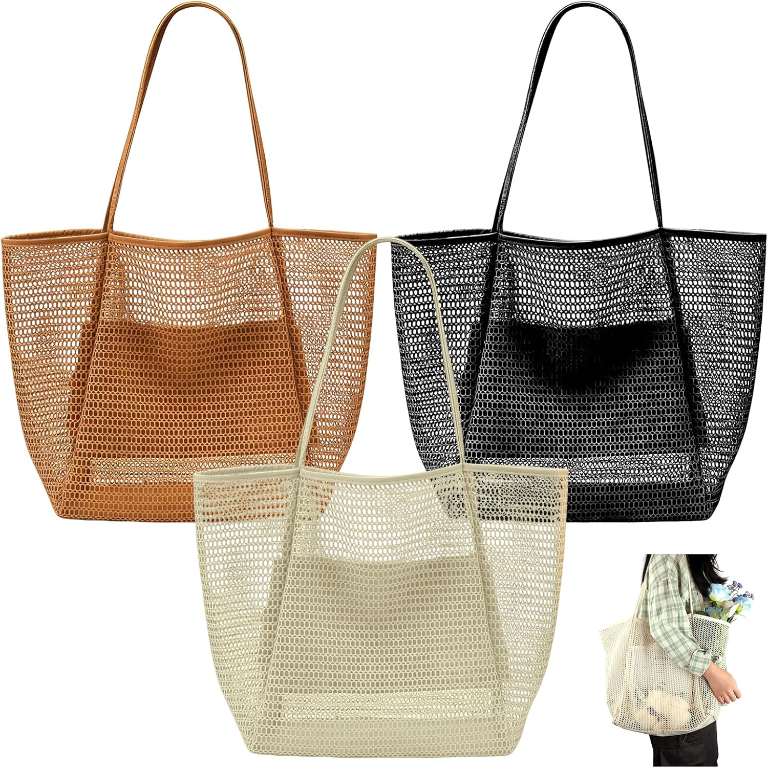 PineHaven 3 Pcs Mesh Beach Tote Bags for Women,Foldable Shopping Bags with Inner Pocket,Lightweight Travel Essential Accessories for Pool, Vacation, Picnic (Black, Khaki, Beige)