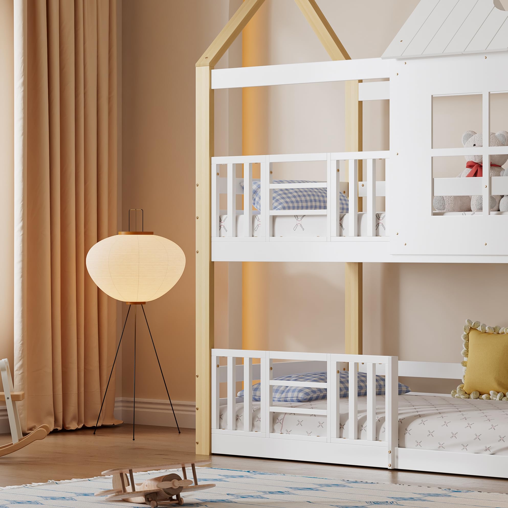 Lit cabane Enfants 90x200 Lit superposé Enfant lit Double lit Simple Maison d'arbre avec Tableau de Rangement et Protection Anti Chute 2 sommiers à Lattes Naturel, sans Matelas (Blanc-35W, 90x200cm)
