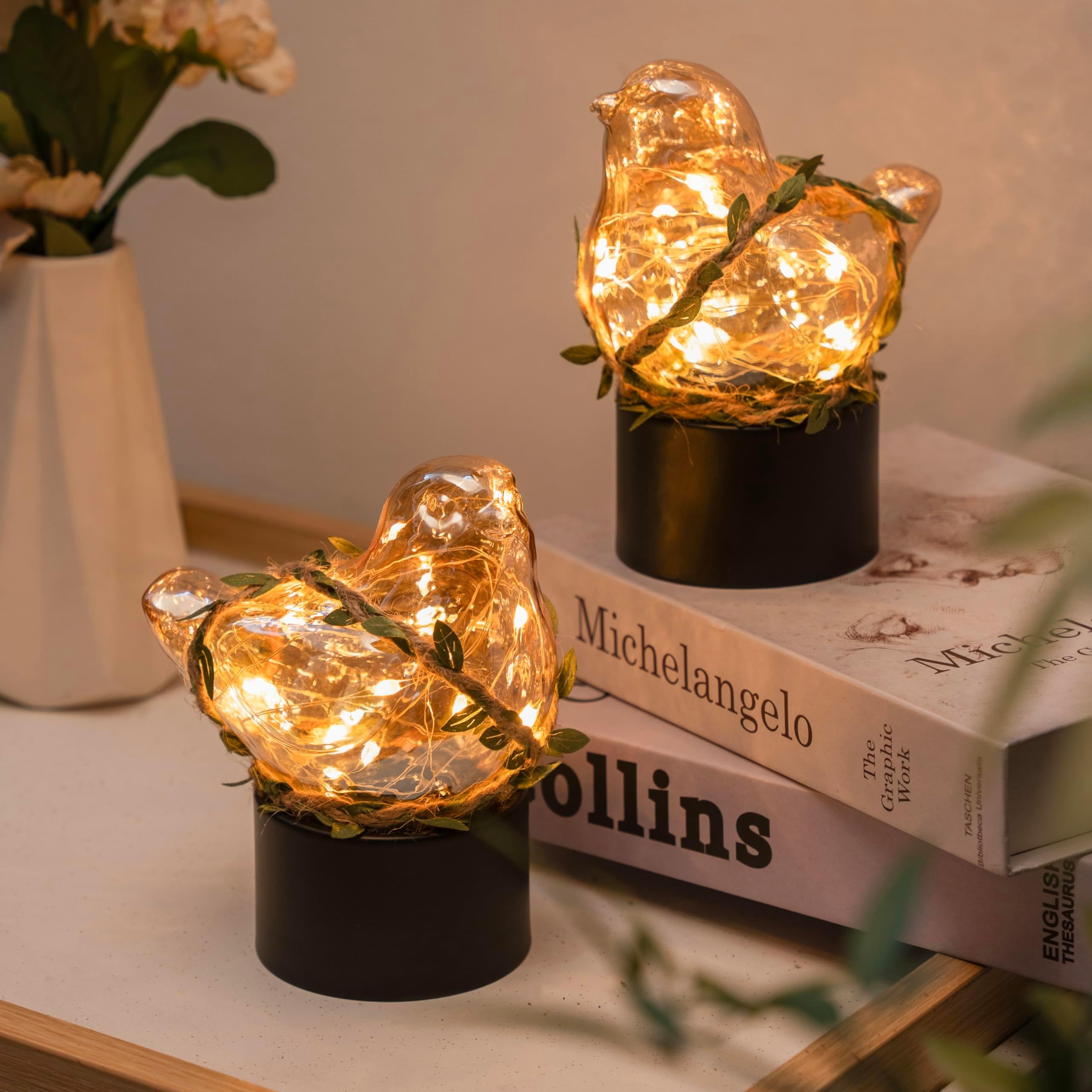 JAOSELAP 2 Pack Small Birds Lamps Home Decor, Battery Operated Table Lamps with Timer, Decorative Ornaments Light for Living Room, Bedroom, Office Desktop, Cabinets