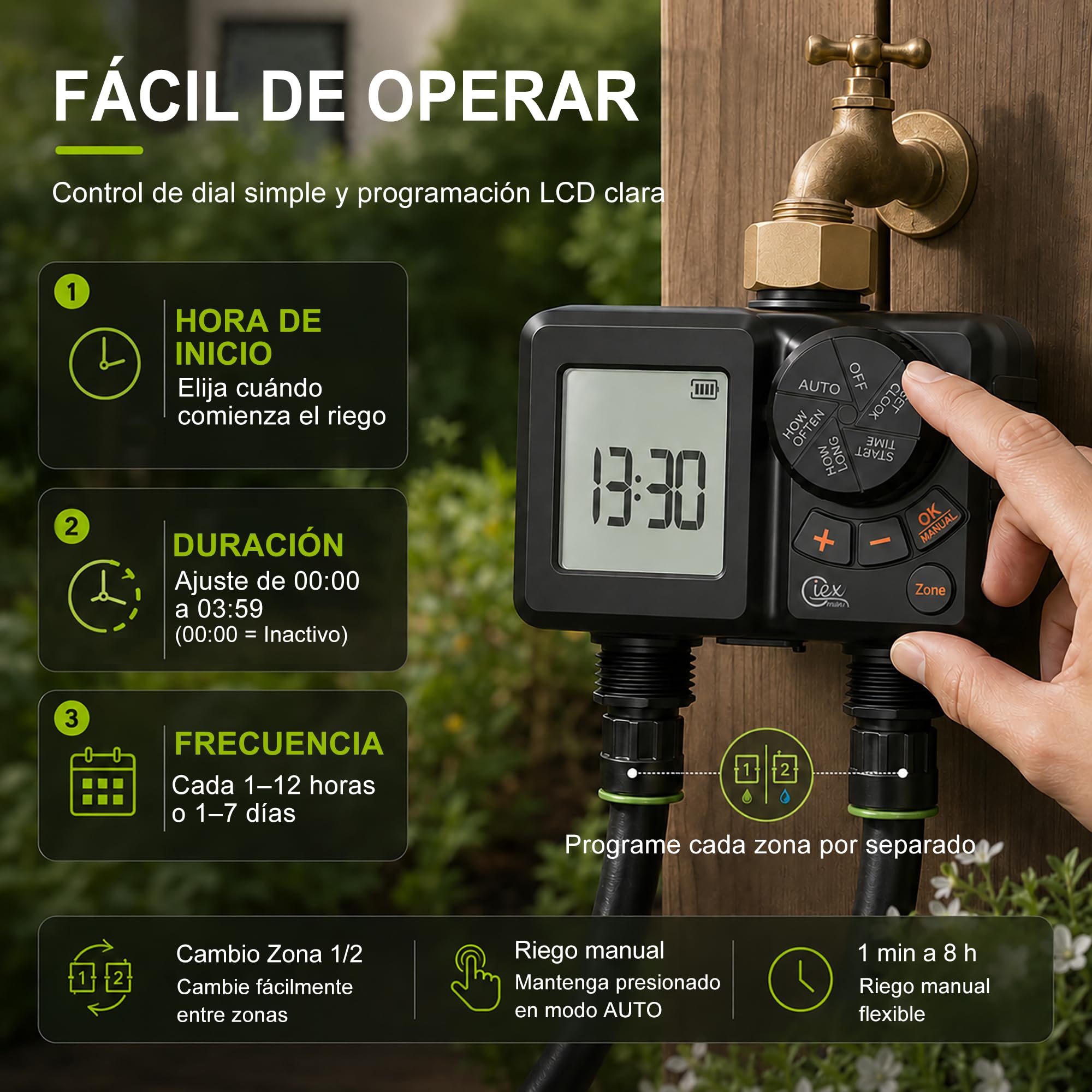 GIEX - Ordenador de riego de 2 vías, temporizador de riego recargable, 2 zonas con conexión de latón, temporizador de agua programable con IP66, retardo de lluvia y riego manual para jardín, césped