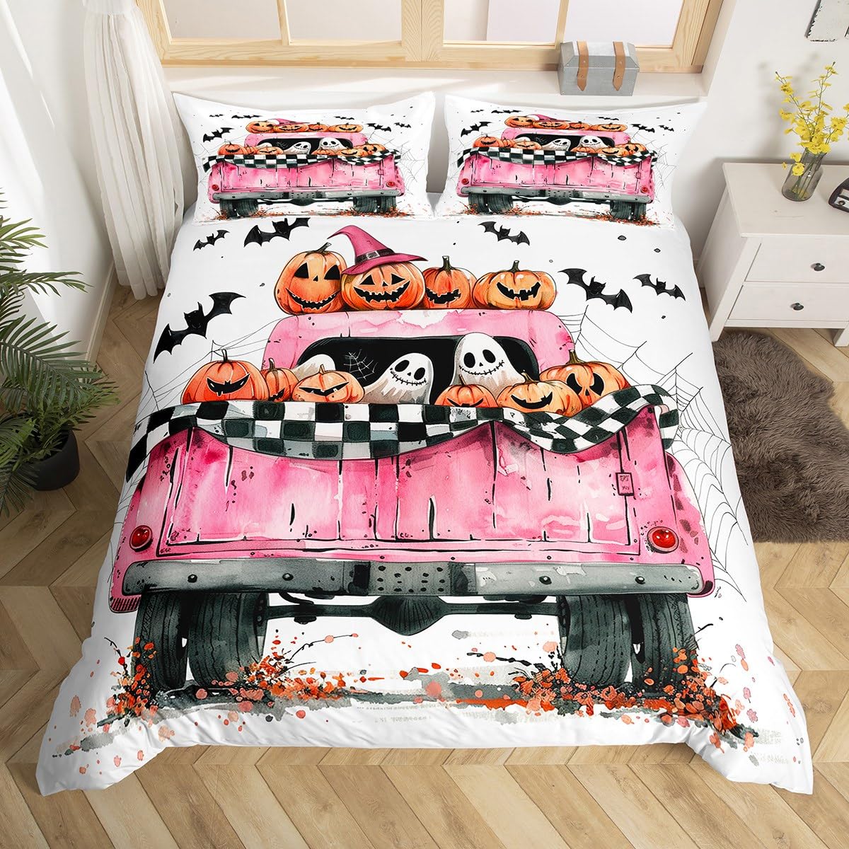 Homemissing Halloween Duvet Cover Pumpkin Lantern Bedding Set for Kids Boys Girls Ghost Comforter Cover Pink Truck Bedspread Cover Room 3Pcs Super King Size,Zipper
