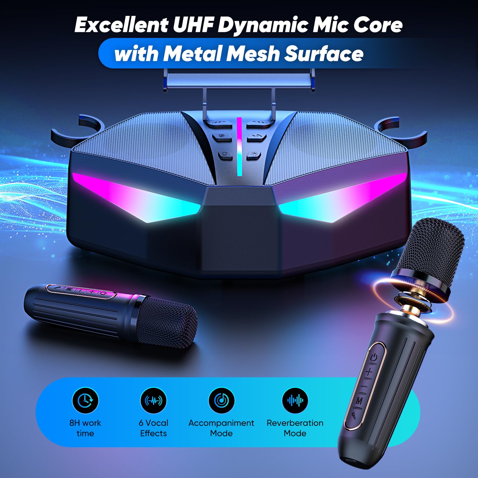 Macchina per karaoke: Altoparlante portatile vero con 35 W, autonomia di 8 ore, 2 microfoni wireless ricaricabili, luci LED, macchina per karaoke per adulti e bambini (CHJ161-Nero)