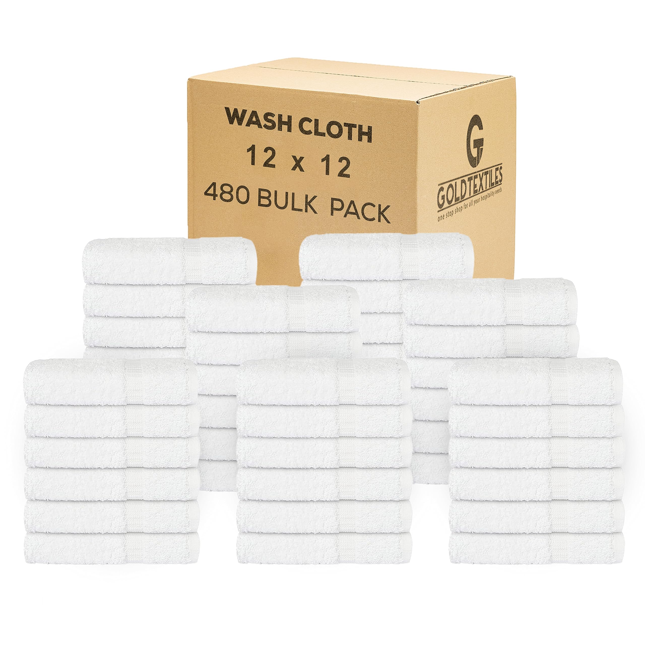 GOLD TEXTILES Premium White Washcloths Set - 480 Pack | 12x12 inches - Ultra Soft, Highly Absorbent - Cotton Wash Cloths - Machine Washable & Fingertips Towels (12x12, White - 480 Pcs)