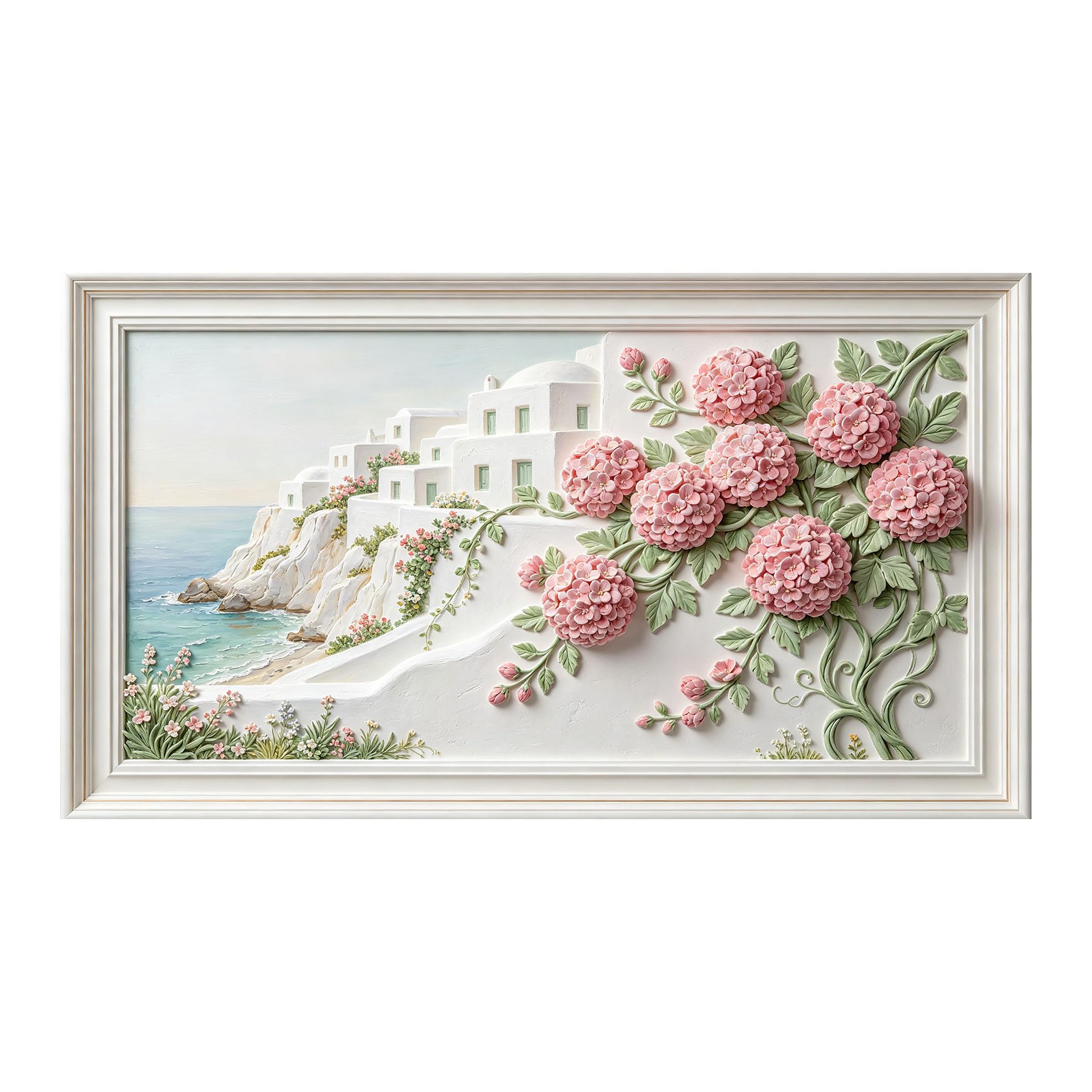 Murasolite 3D Framed Wall Art Mediterranean Coastal Floral Relief SelfAdhesive Fabric Mural Wall Decor， Peel and Stick No Damage to Wall， AntiFall Safe Design for Bedroom Living Room