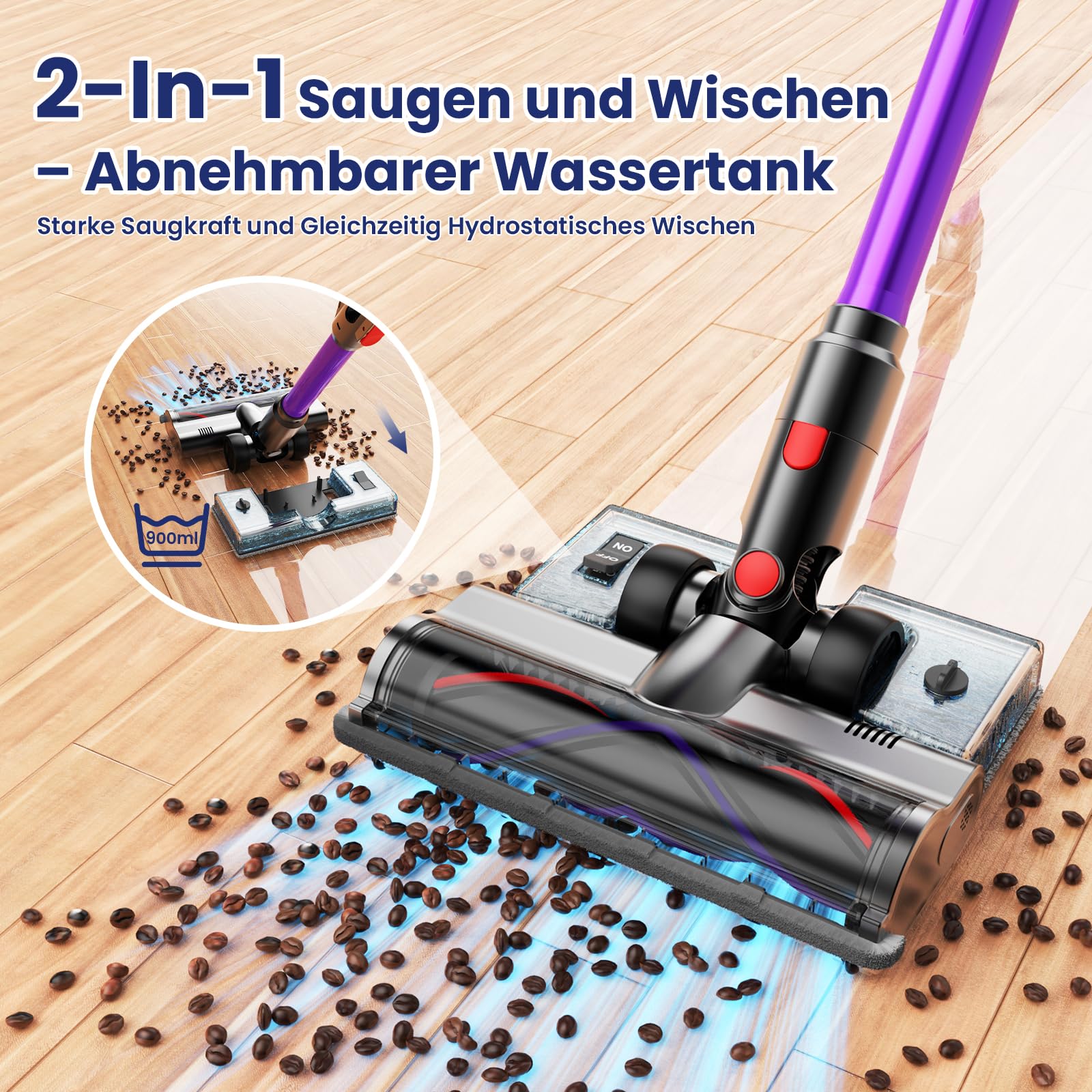Linkifly A12 Akku Staubsauger mit Wassertank, 50Kpa, 600W, 70Min, 8-in-1, Kabelloser Staubsauger mit LED Touchscreen, 1,5L Staubbehälter, Anti-Tangle Bürste, Faltbares, für Teppiche/Autos/Tierhaare | Kabelloser Staubsauger mit LED Touchscreen, 1,5L Staubb