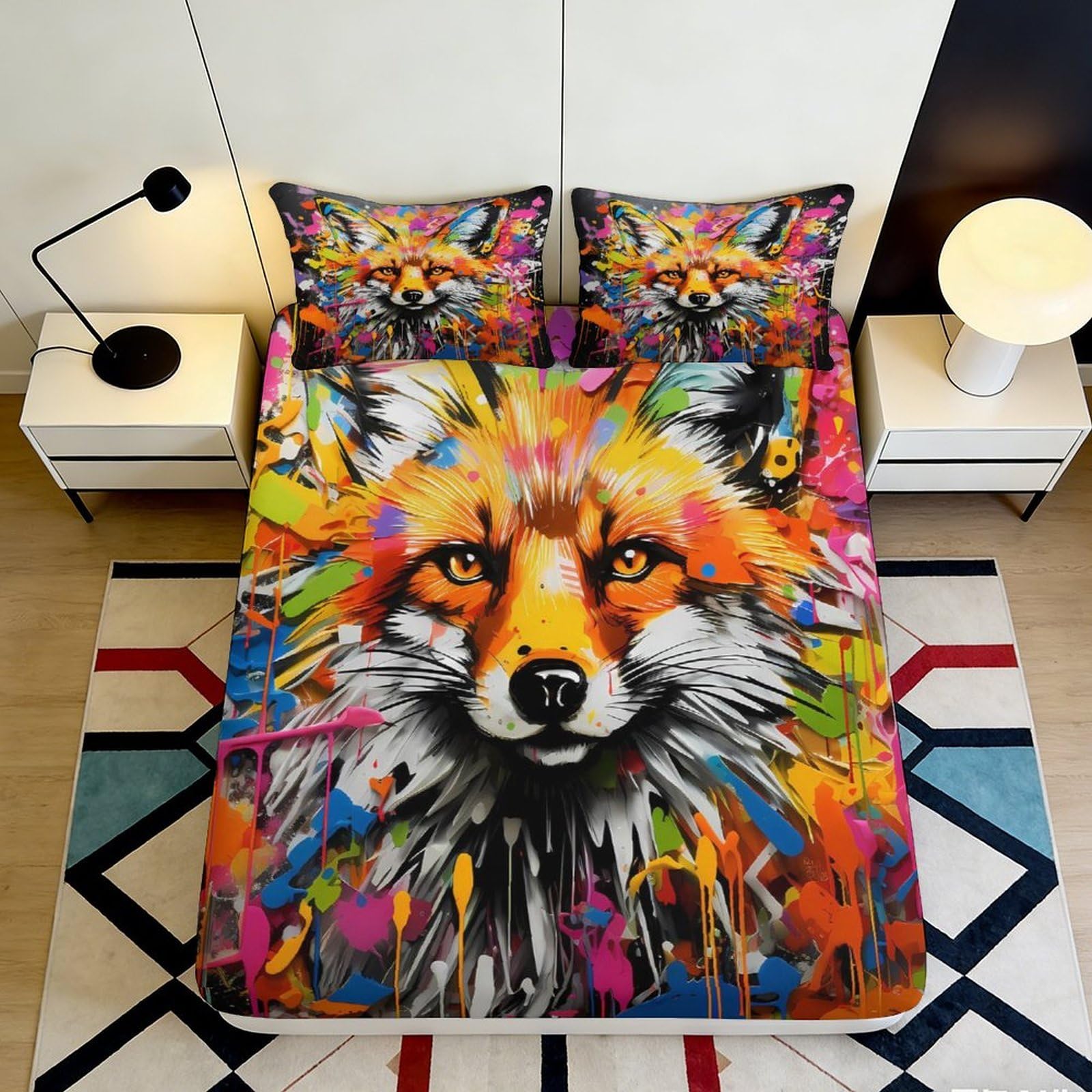 3D Printed Colorful Fox Art Fitted Sheet Microfiber Soft Bedroom Decor Splatter Animal Mattress Cover for Home Dorm 200x200x25cm