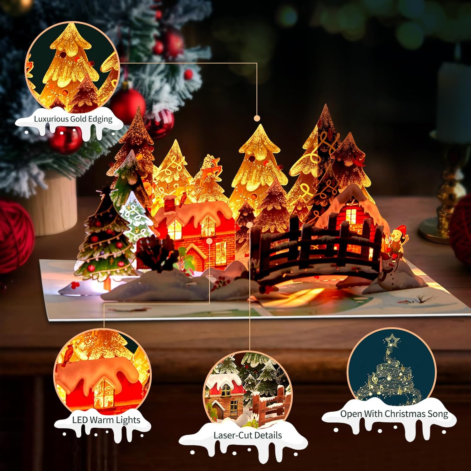 LoveEcho Winter Wonderland Pop Up Christmas Card, Lighting And Music - We Wish You A Merry Chrismas Song, 3D Christmas Greeting Card with Note Card & Envelope For Wmomen, Wife, Mom, Grandma, Daughter, Sister, Girlfriend, Husband, Grandparent, Grandfather - Image 3