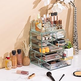 Sorbus Acrylic Makeup Organizer Set, 7-Drawer Vanity & Countertop Cosmetic Storage with Small & Wide Compartments, Teal Thrill Makeup Storage for Brushes, Jewelry - Holiday Gift for Women & Teens